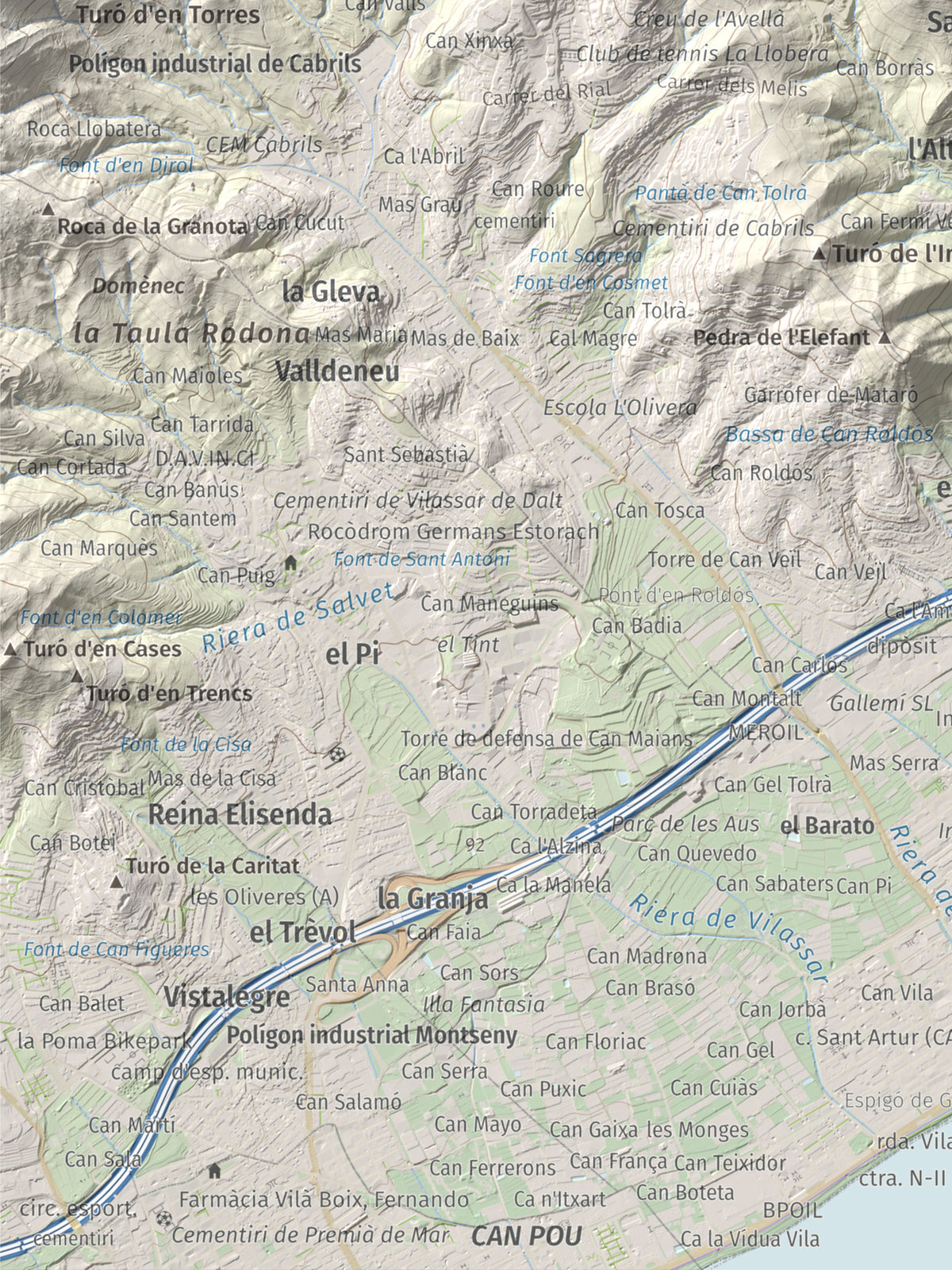 Mapa de relieve de Castell de Burriac, 392 m, Maresme, lámina 100 Cims de Trobart. Detalle de la zona inferior izquierda. 30 × 40 cm.
