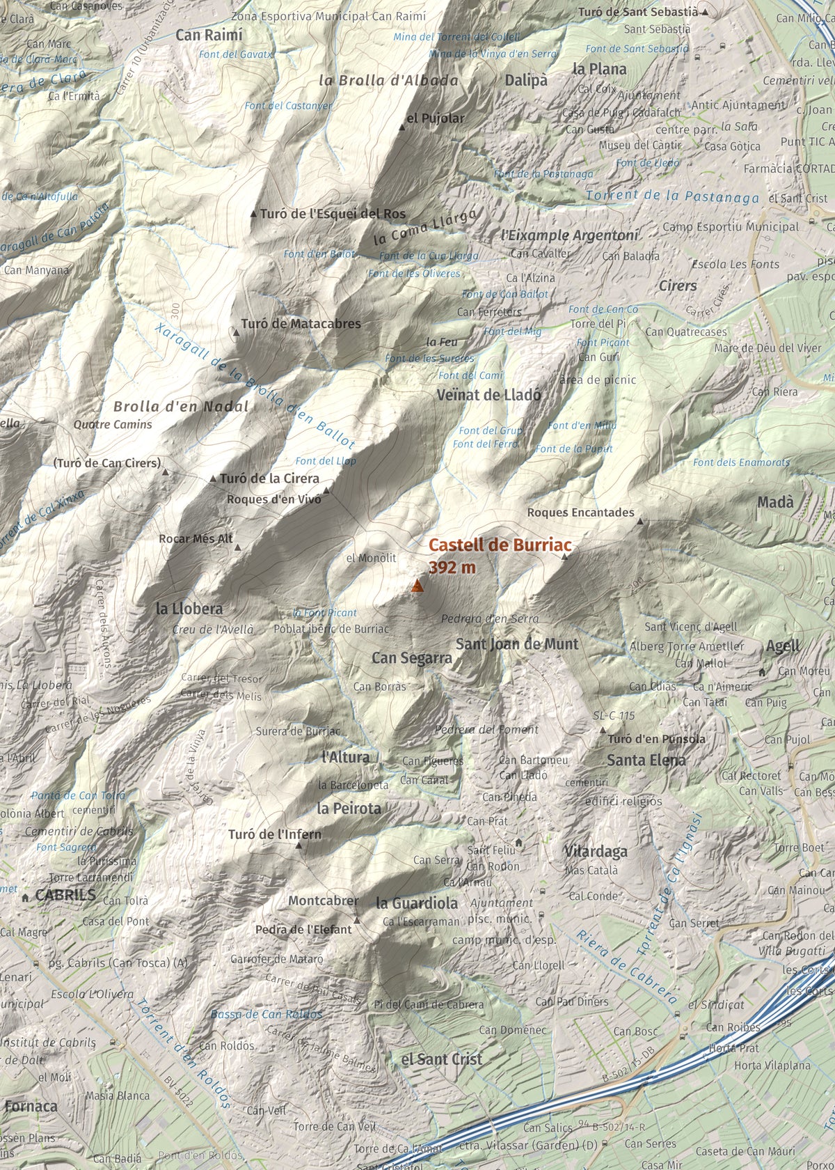 Mapa de relieve de Castell de Burriac, 392 m, Maresme, lámina 100 Cims de Trobart. Detalle de la zona central. 50 × 70 cm.