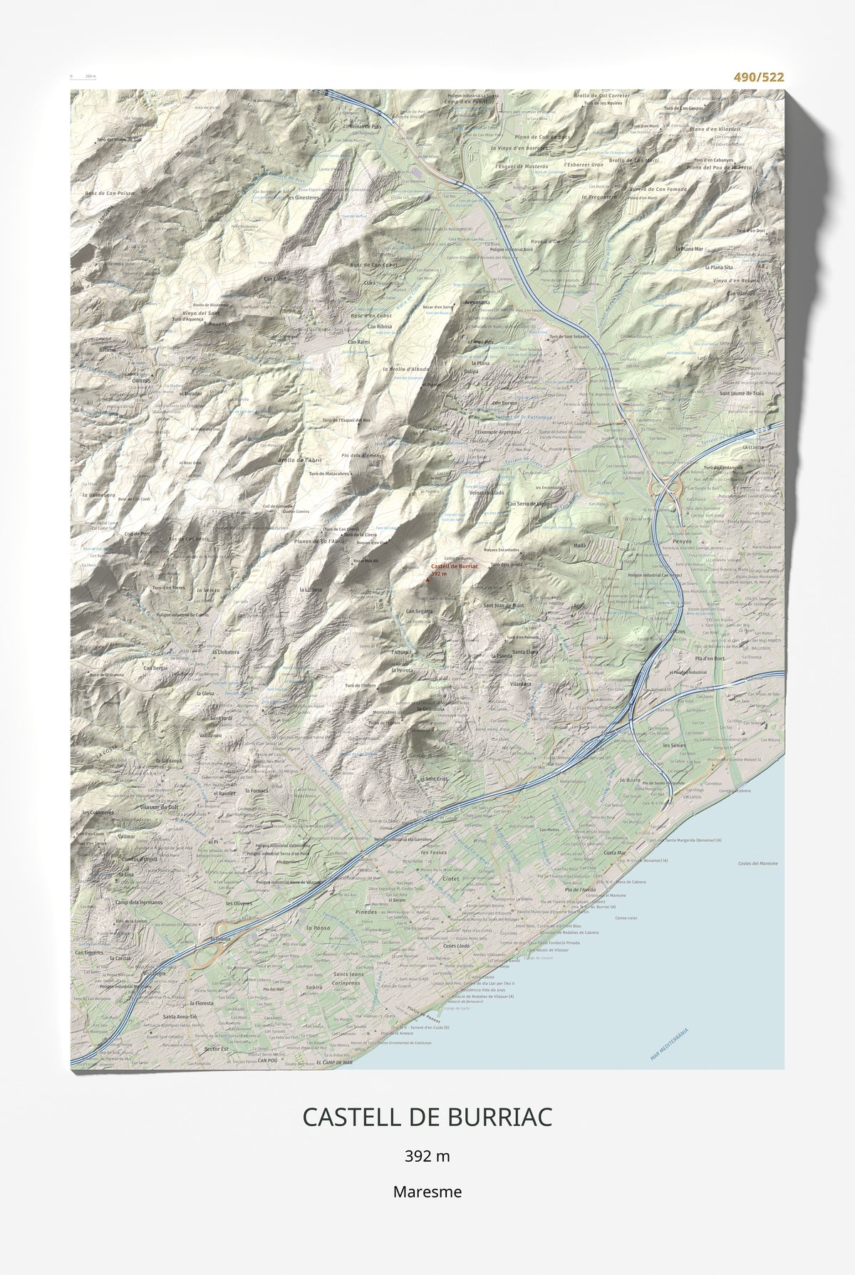 Mapa de relieve de Castell de Burriac, 392 m, Maresme, lámina 100 Cims de Trobart 61 × 91 cm.