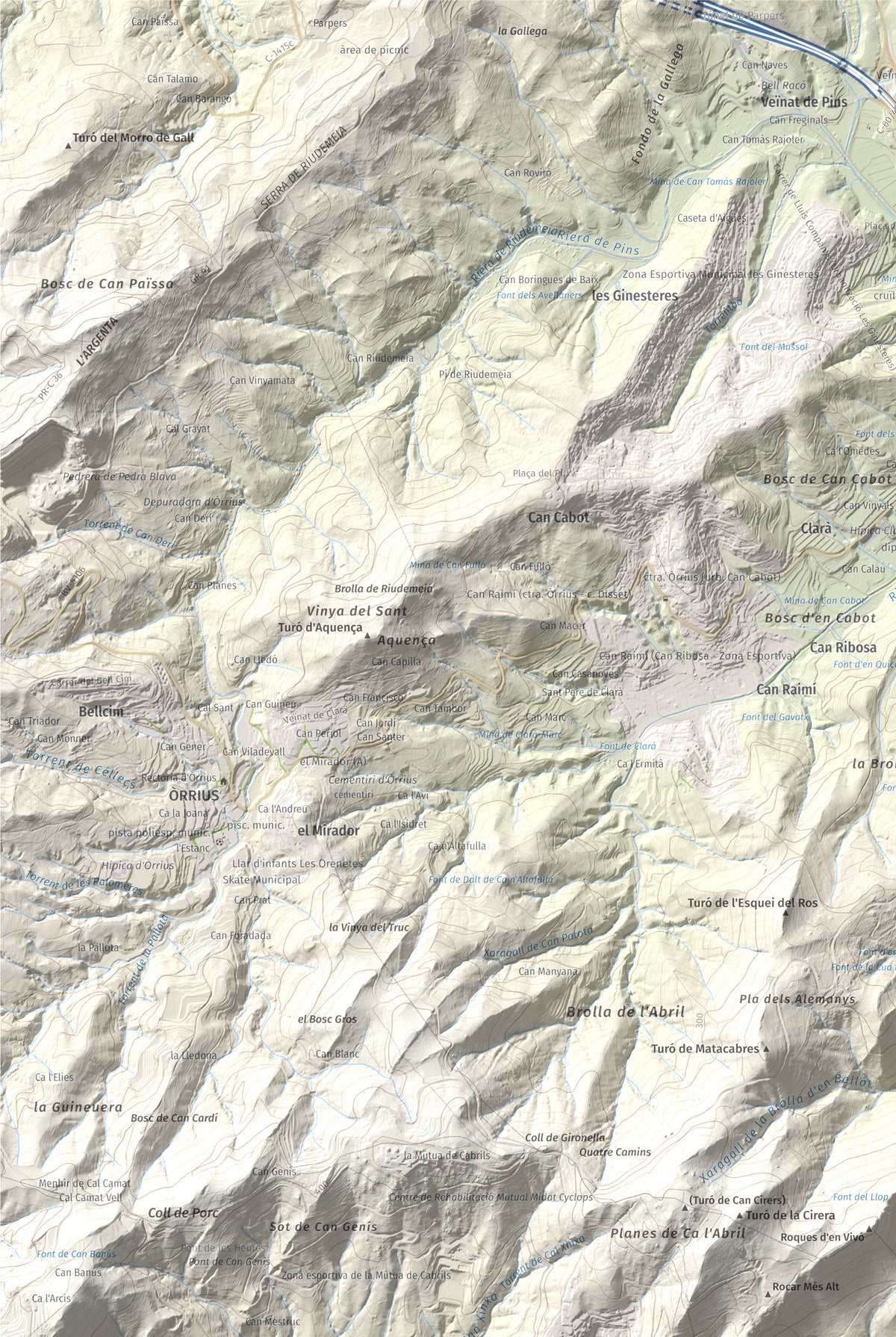 Mapa de relieve de Castell de Burriac, 392 m, Maresme, lámina 100 Cims de Trobart. Detalle de la zona superior izquierda. 61 × 91 cm.