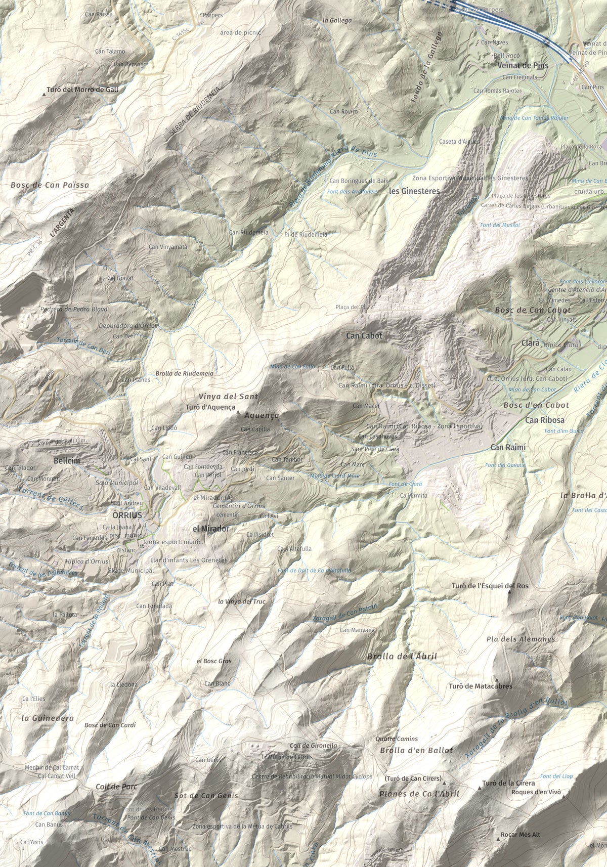 Mapa de relieve de Castell de Burriac, 392 m, Maresme, lámina 100 Cims de Trobart. Detalle de la zona superior izquierda. 70 × 100 cm.
