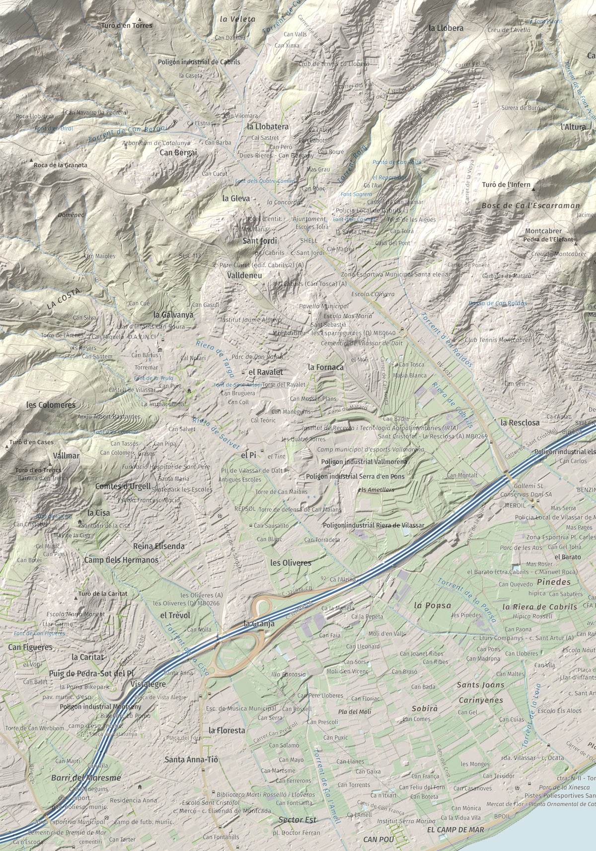 Mapa de relieve de Castell de Burriac, 392 m, Maresme, lámina 100 Cims de Trobart. Detalle de la zona inferior izquierda. 70 × 100 cm.