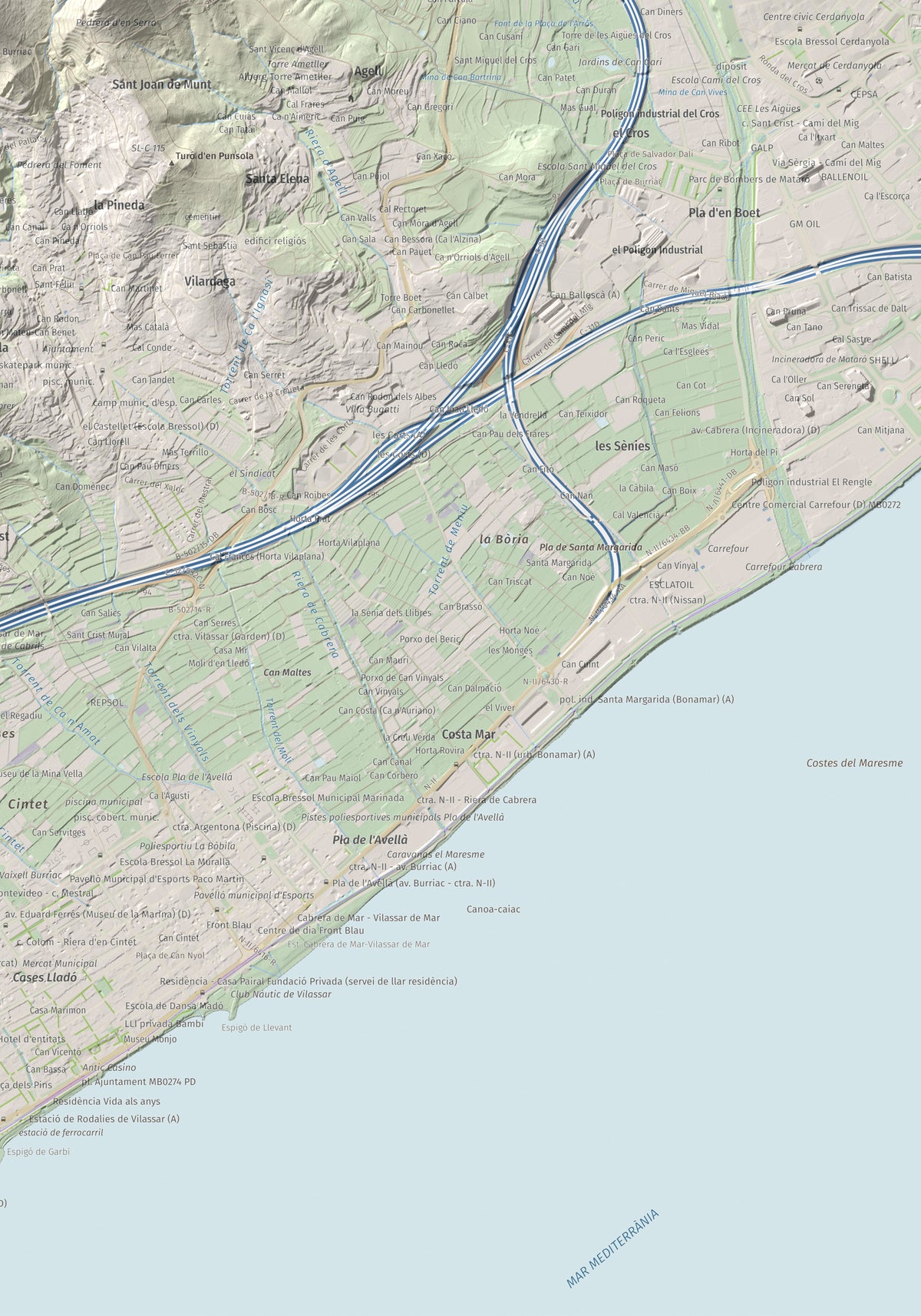 Mapa de relieve de Castell de Burriac, 392 m, Maresme, lámina 100 Cims de Trobart. Detalle de la zona inferior derecha. 70 × 100 cm.