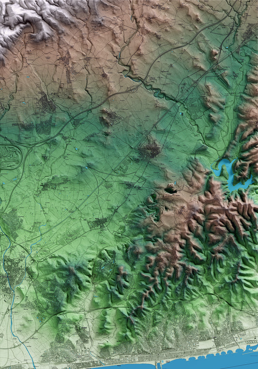 Mapa artístico del relieve de Castellet i la Gornal, al Alt Penedès, con 15 km de entorno y base topográfica ICGC