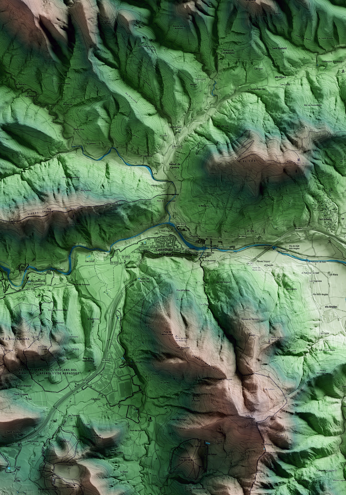 Mapa artístico del relieve de Castellfollit de la Roca, a la Garrotxa, con 15 km de entorno y base topográfica ICGC. Detalle de la zona central.