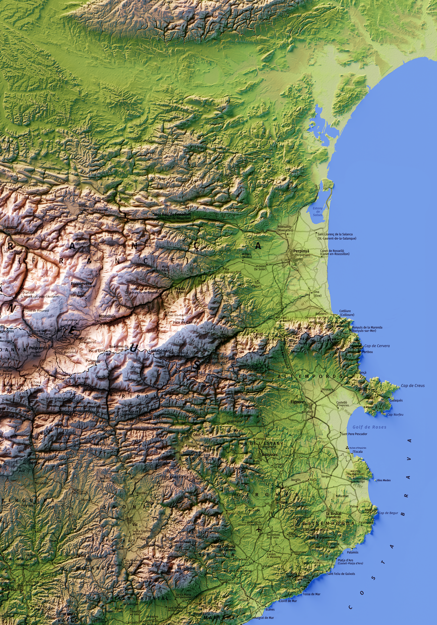 CATALUNYA. Mapa topográfico con el mar azul.