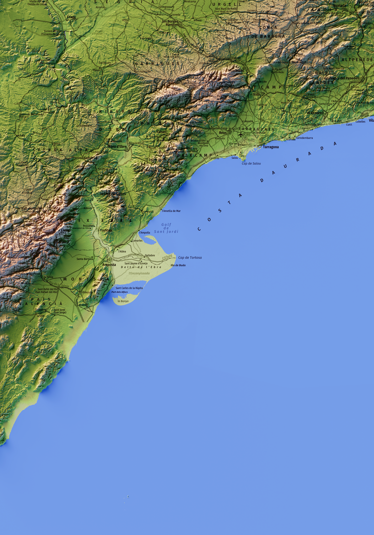 CATALUNYA. Mapa topográfico con el mar azul.