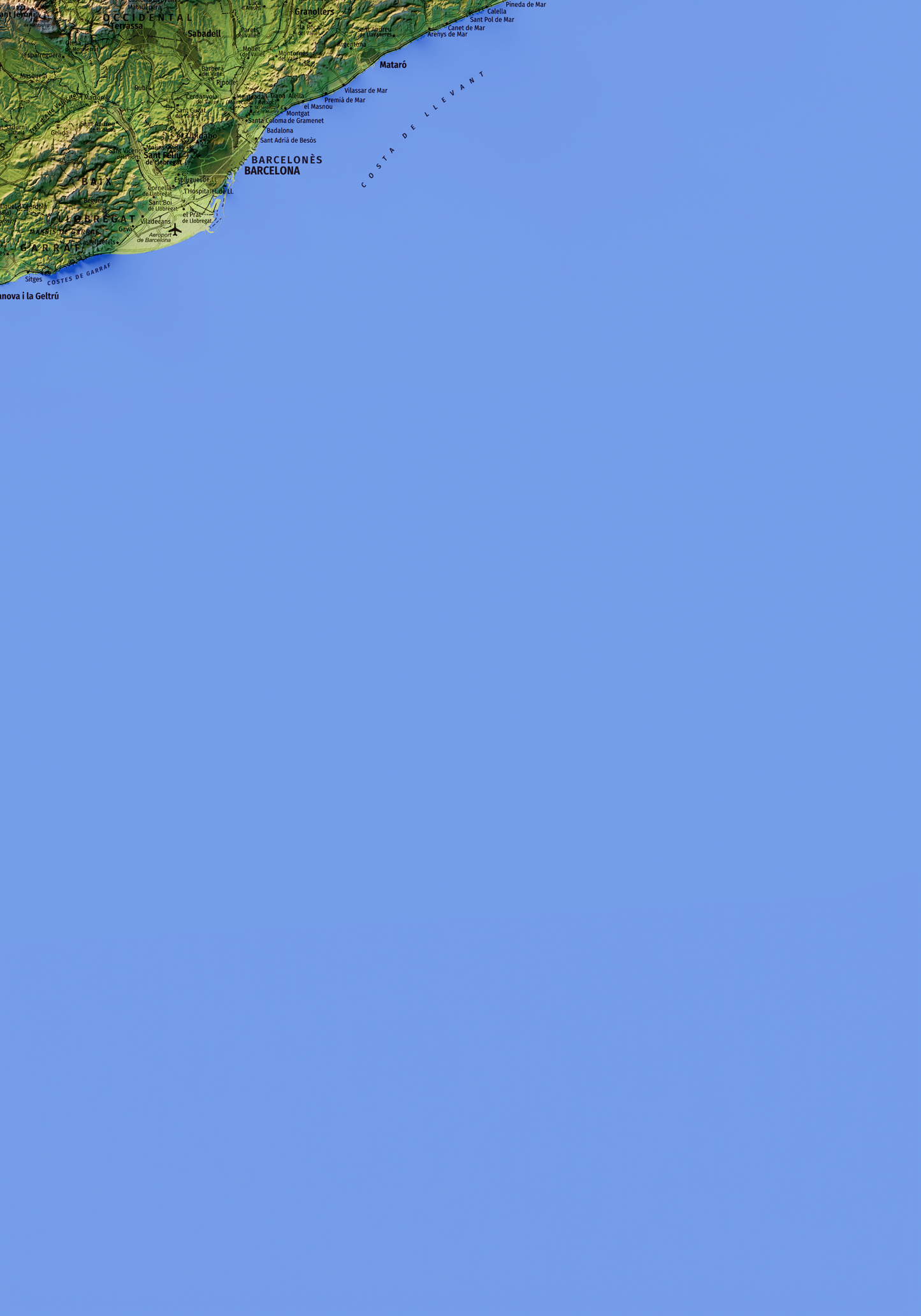 CATALUNYA. Mapa topográfico con el mar azul.