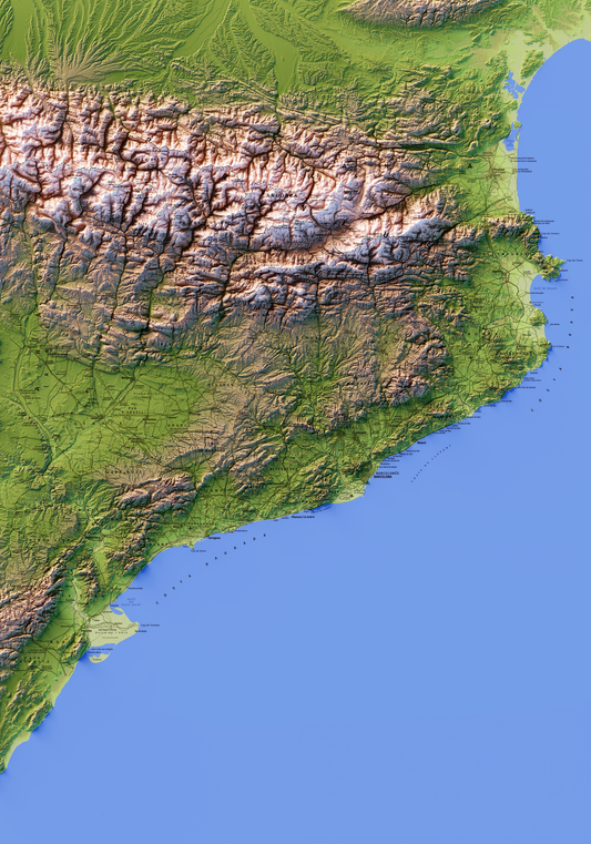 CATALUNYA. Mapa topográfico con el mar azul.