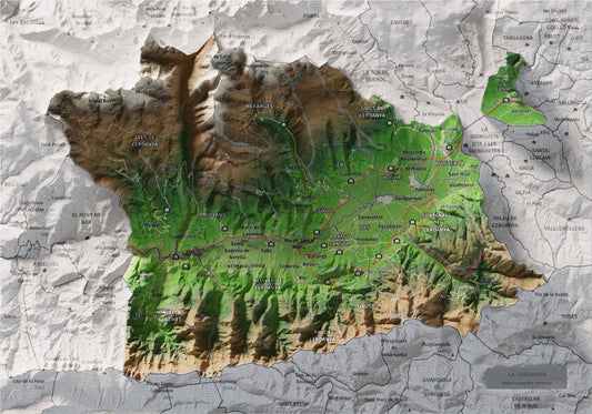 Mapa de relieve de la Cerdanya, con el territorio en color y el entorno en blanco. Vista completa de la lámina. 21 × 30 cm. Estilo Clásico.