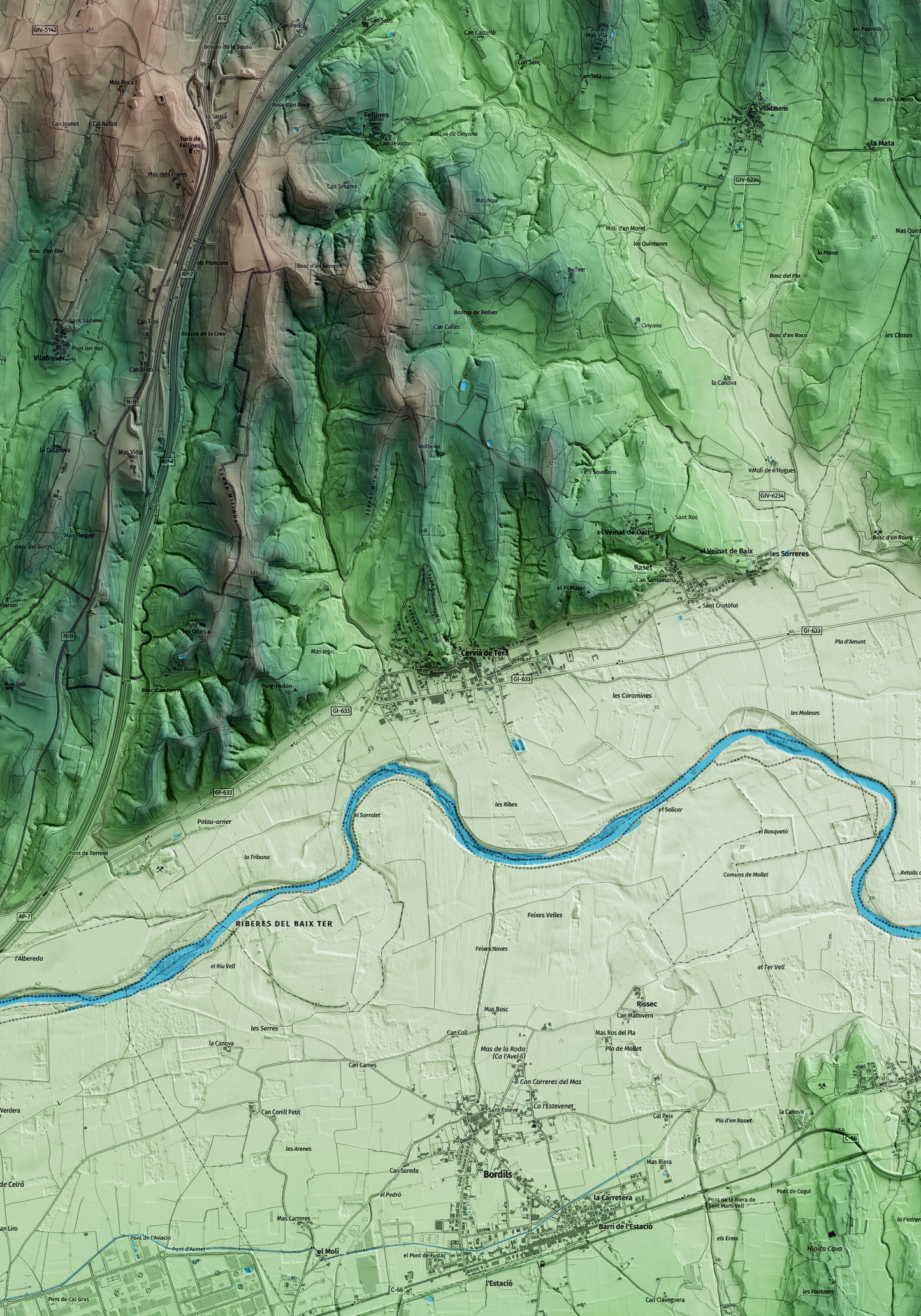 Mapa artístico del relieve de Cervià de Ter, al Gironès, con 15 km de entorno y base topográfica ICGC. Detalle de la zona central.