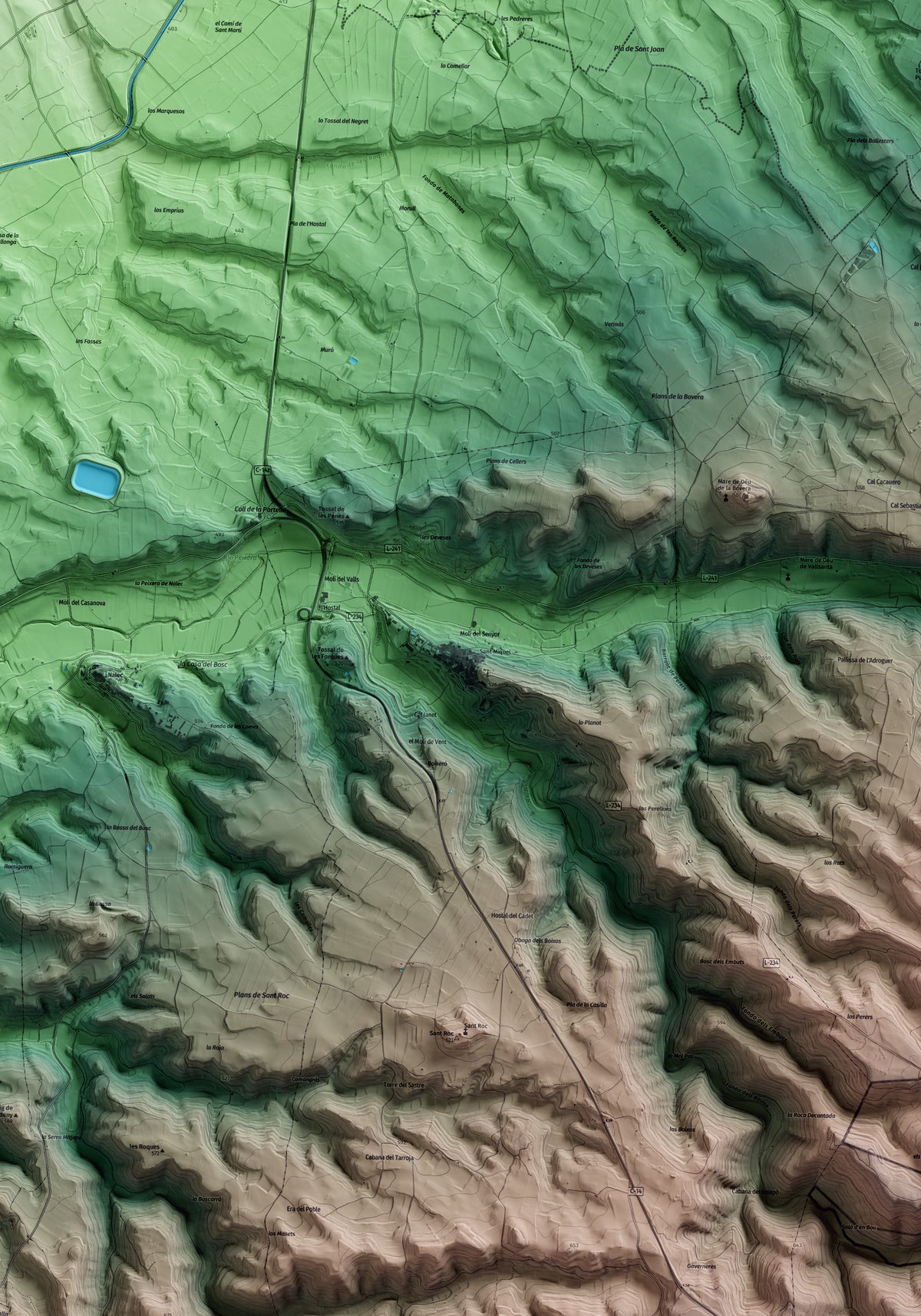 Mapa artístico del relieve de Ciutadilla, al Urgell, con 15 km de entorno y base topográfica ICGC. Detalle de la zona central.