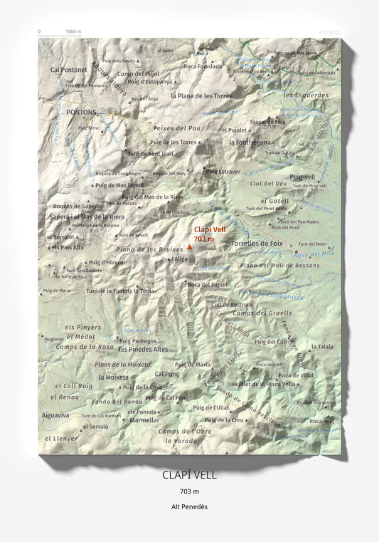 Mapa de relieve de Clapí Vell, 703 m, Alt Penedès, lámina 100 Cims de Trobart 21 × 30 cm.