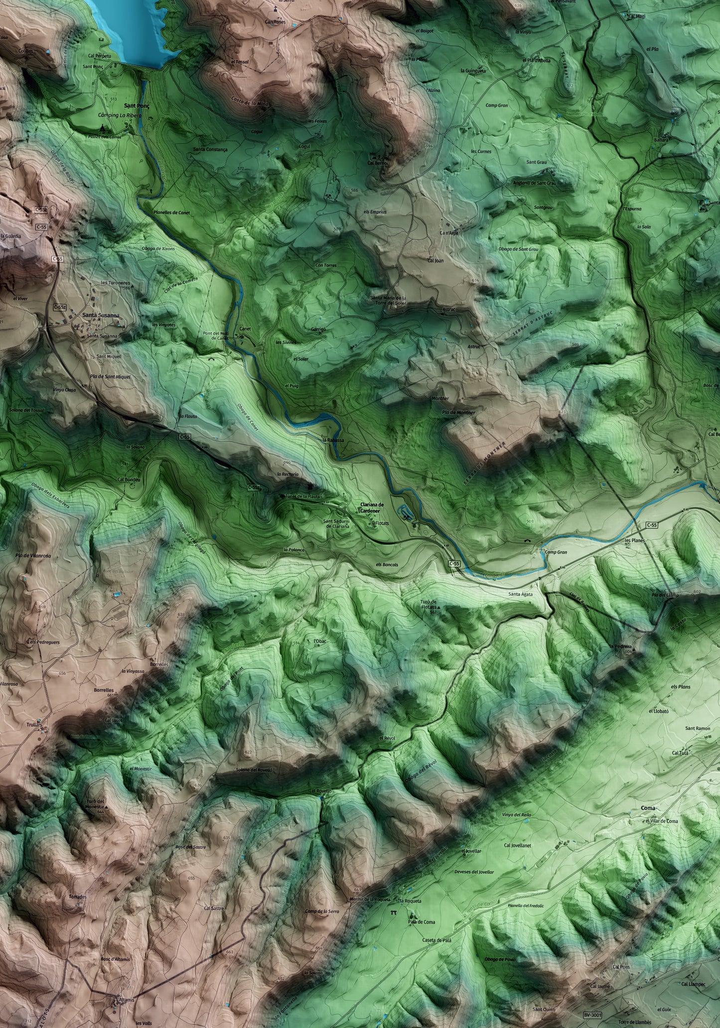 Mapa artístico del relieve de Clariana de Cardener, al Solsonès, con 15 km de entorno y base topográfica ICGC. Detalle de la zona central.