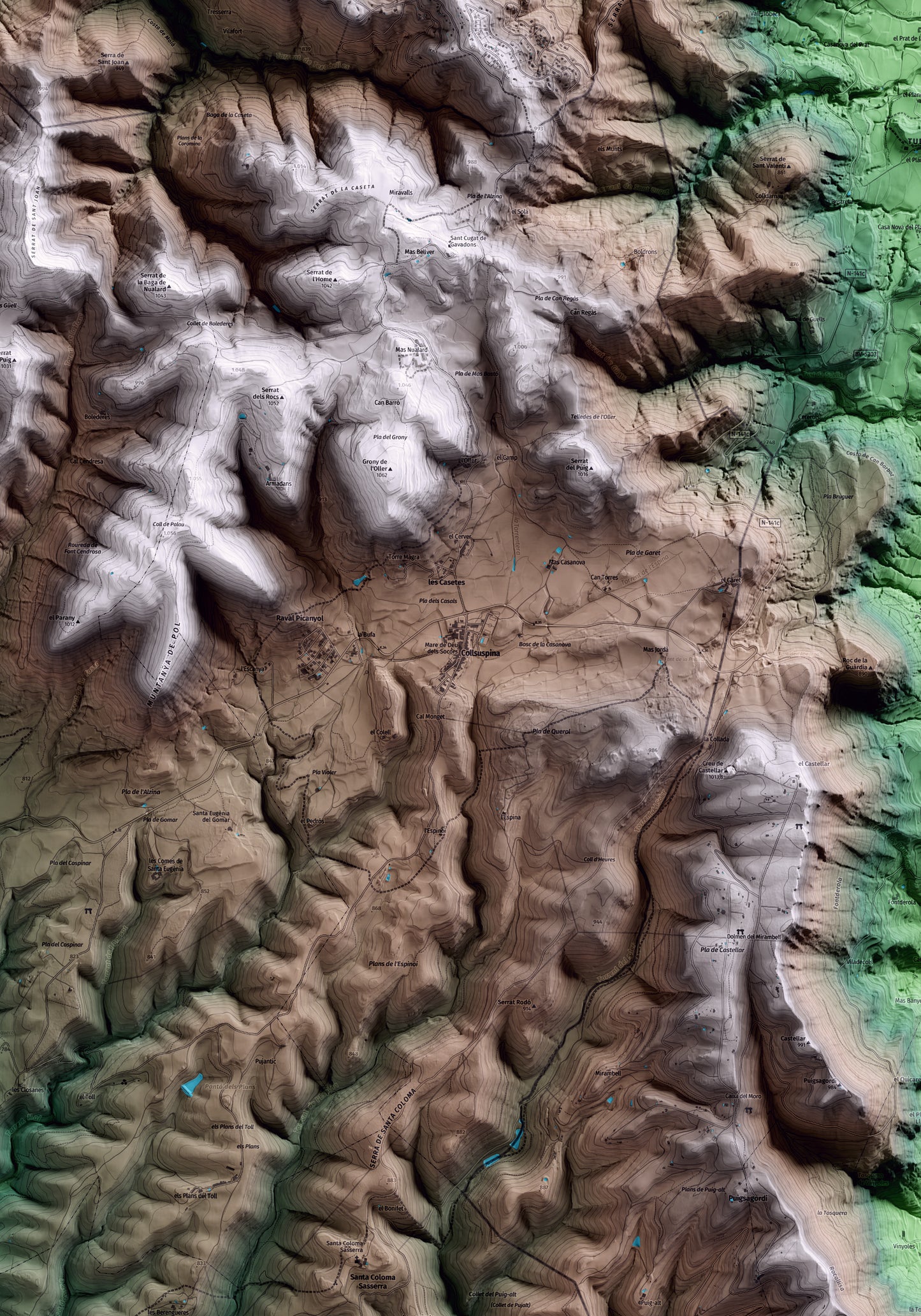 Mapa artístico del relieve de Collsuspina, al Moianès, con 15 km de entorno y base topográfica ICGC. Detalle de la zona central.