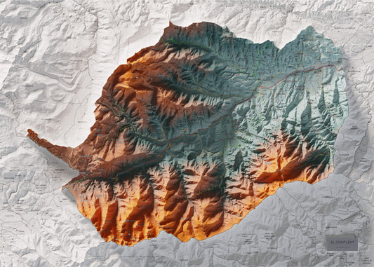 Mapa de relieve del Conflent, con el territorio en color y el entorno en blanco. Vista completa de la lámina. 50 × 70 cm. Estilo Contrastado.