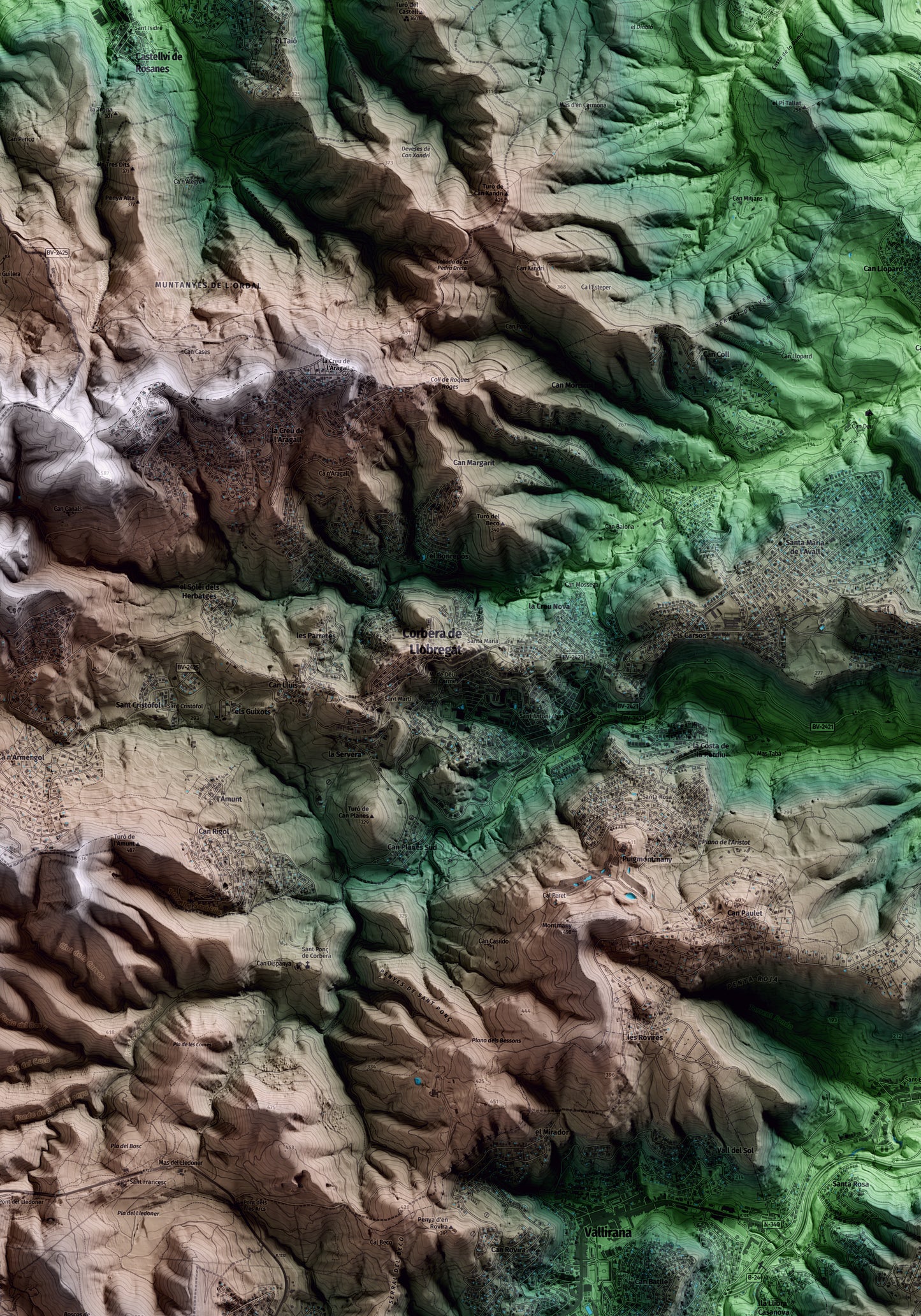 Mapa artístico del relieve de Corbera de Llobregat, al Baix Llobregat, con 15 km de entorno y base topográfica ICGC. Detalle de la zona central.