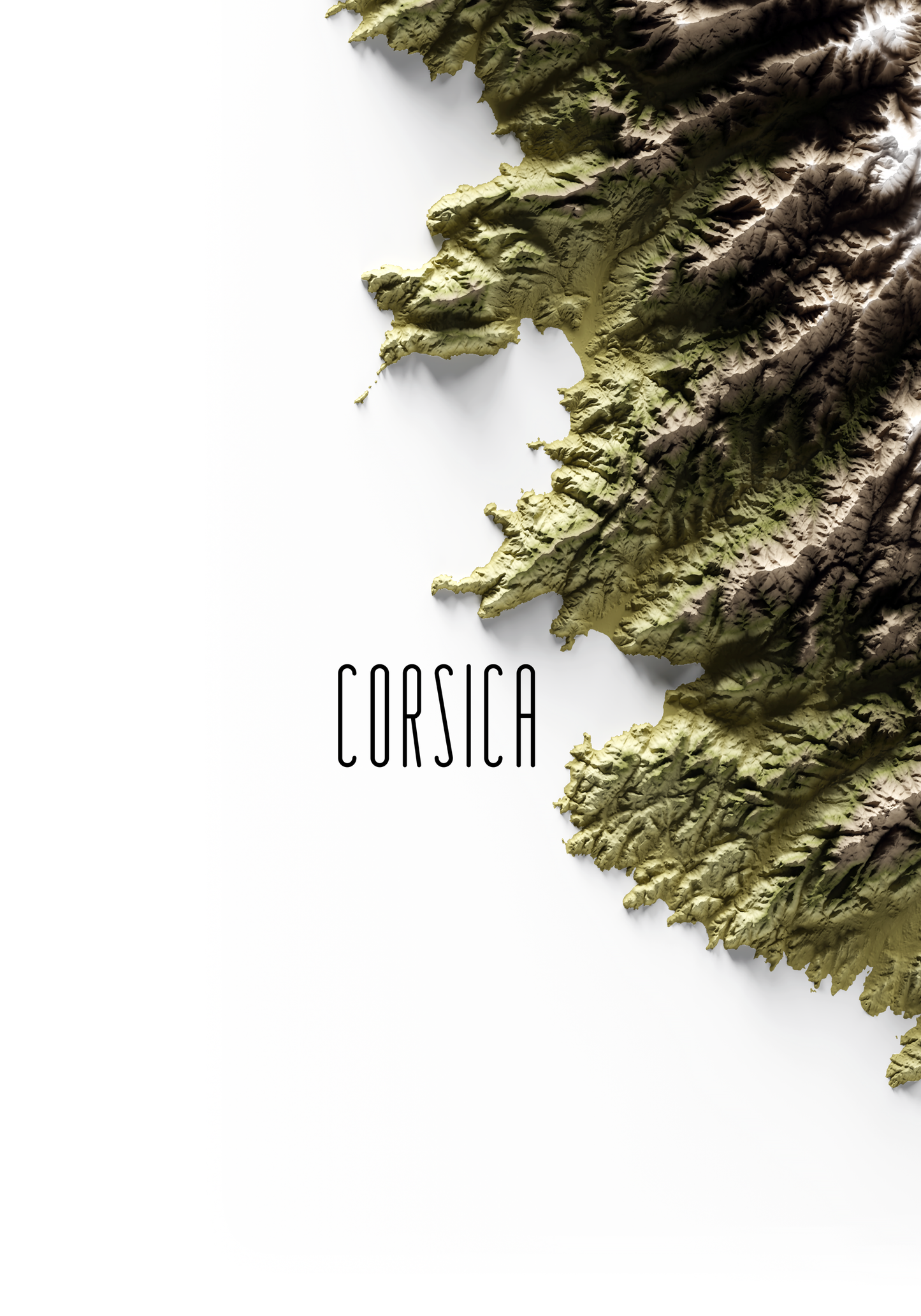 CORCEGA. Mapa de relieve en colores terrosos.