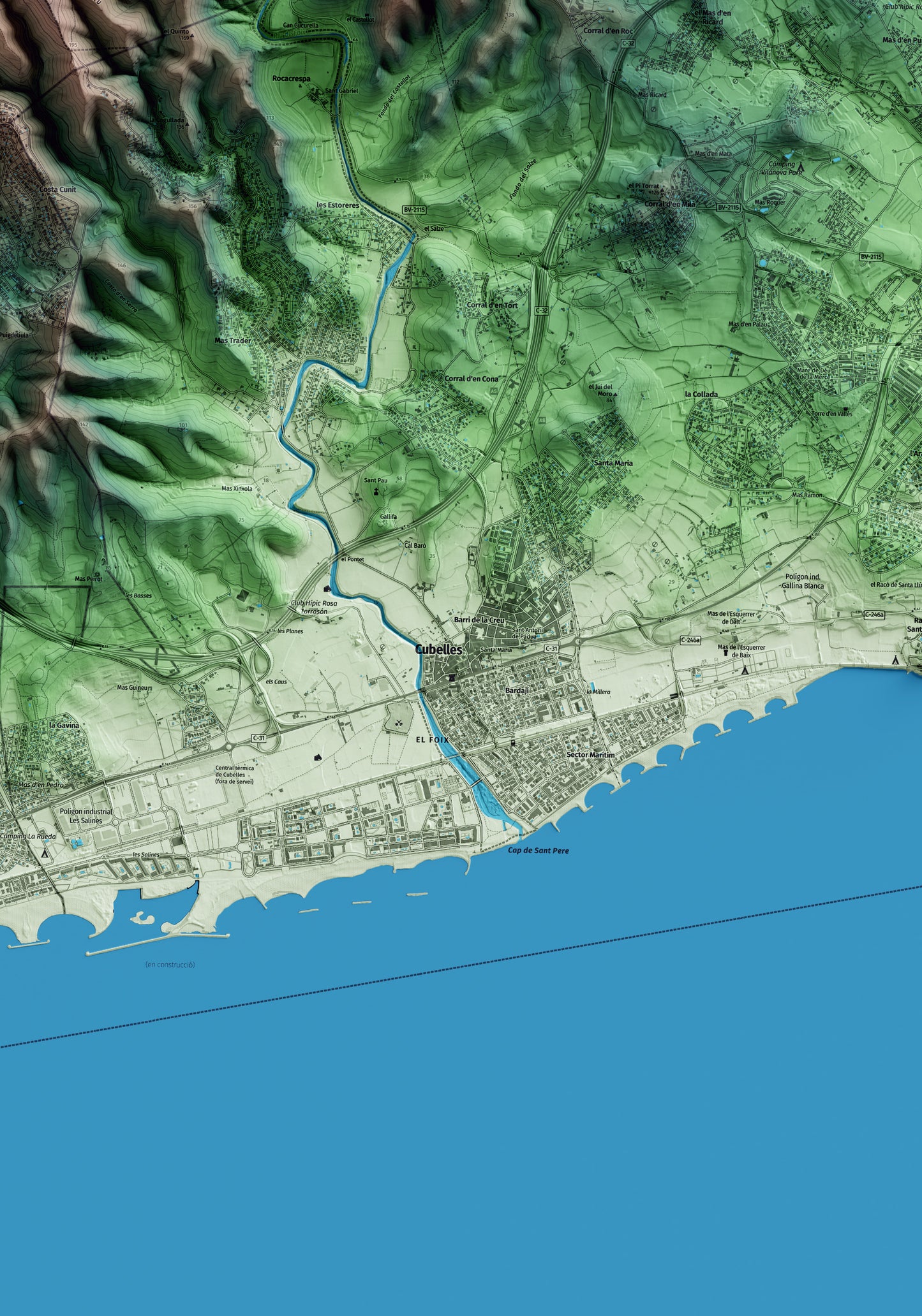 Mapa artístico del relieve de Cubelles, al Garraf, con 15 km de entorno y base topográfica ICGC. Detalle de la zona central.
