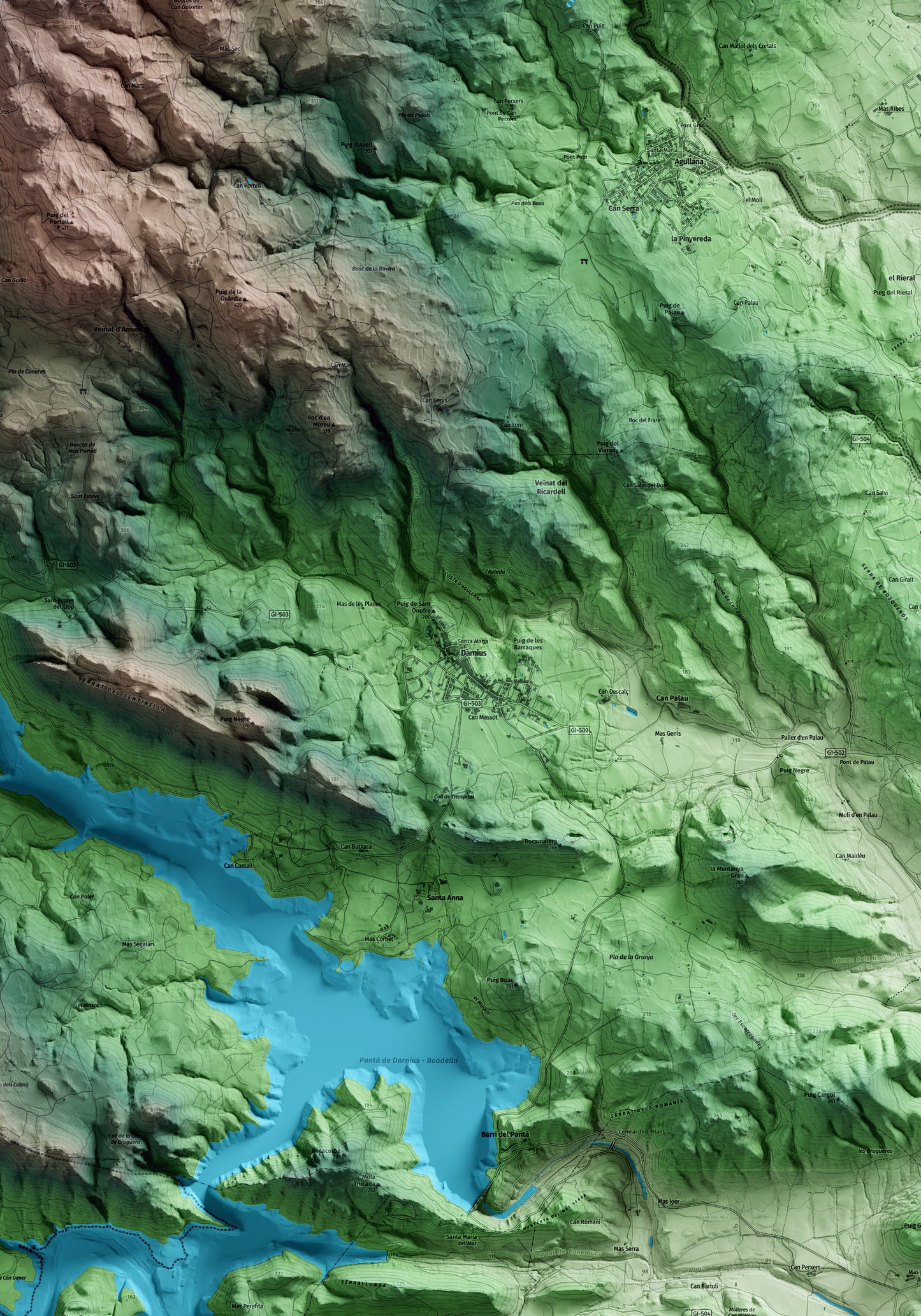 Mapa artístico del relieve de Darnius, al Alt Empordà, con 15 km de entorno y base topográfica ICGC. Detalle de la zona central.