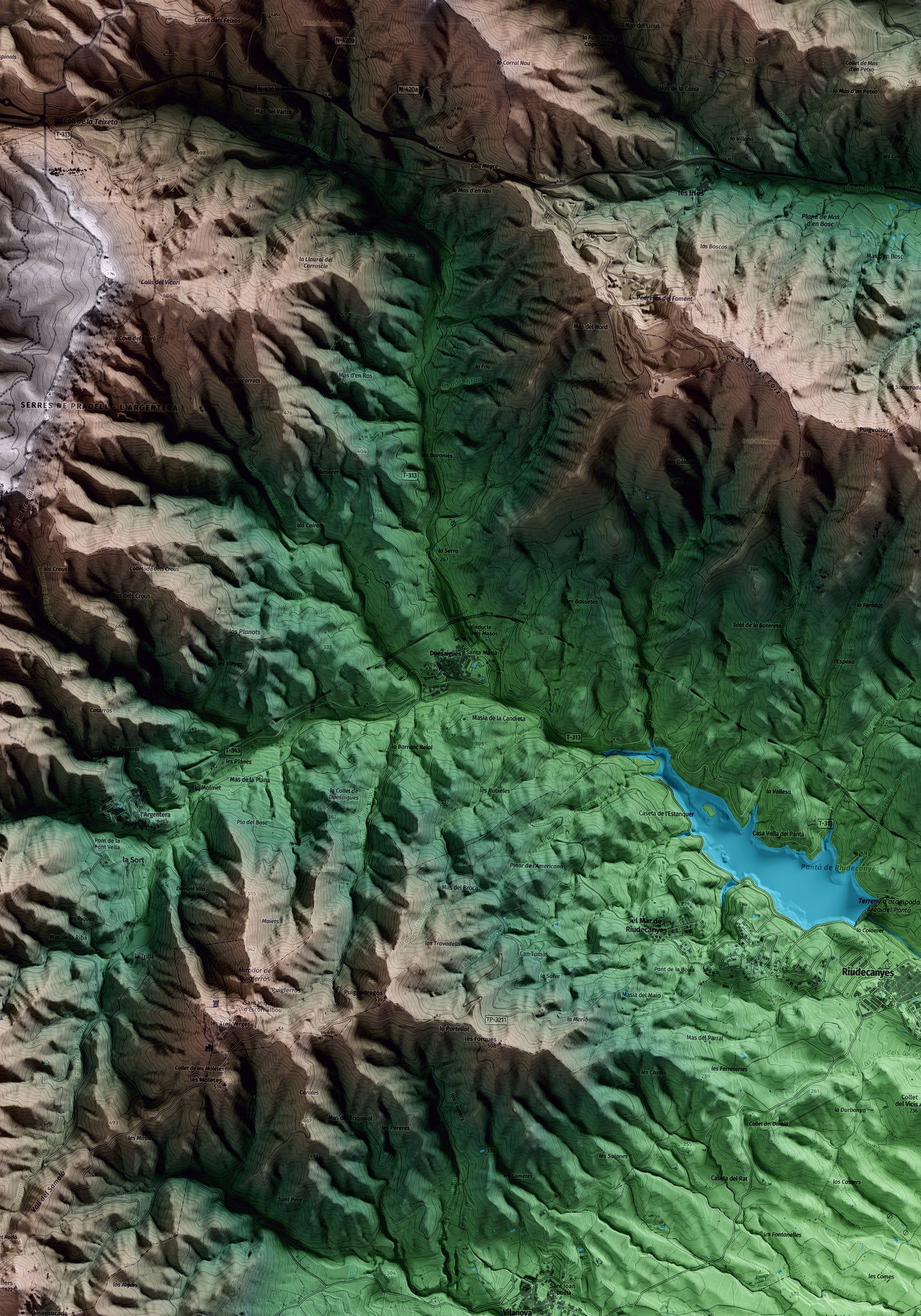 Mapa artístico del relieve de Duesaigües, al Baix Camp, con 15 km de entorno y base topográfica ICGC. Detalle de la zona central.