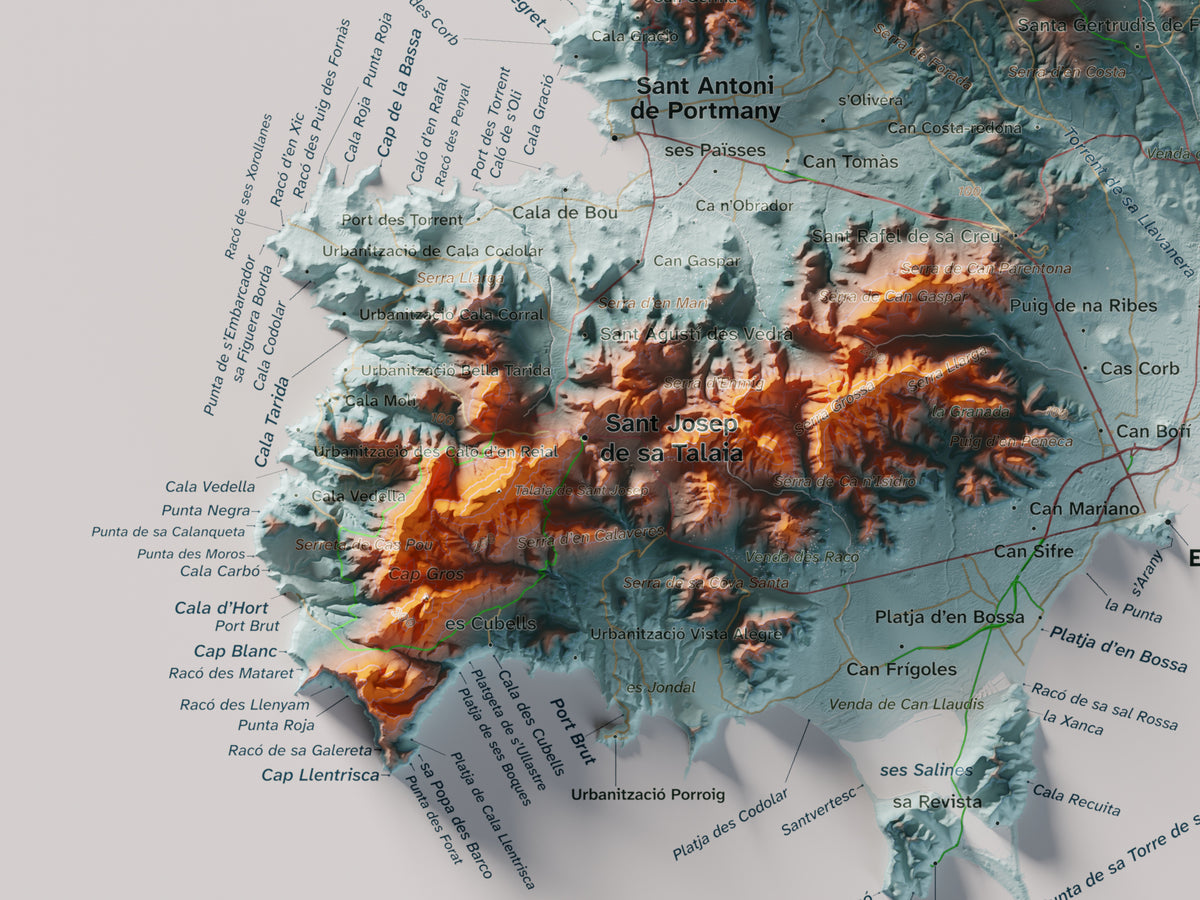 Edición octubre 2026 · Mapa topográfico de Eivissa, Contrastado, 30 × 40 cm: detalle de la costa suroeste.