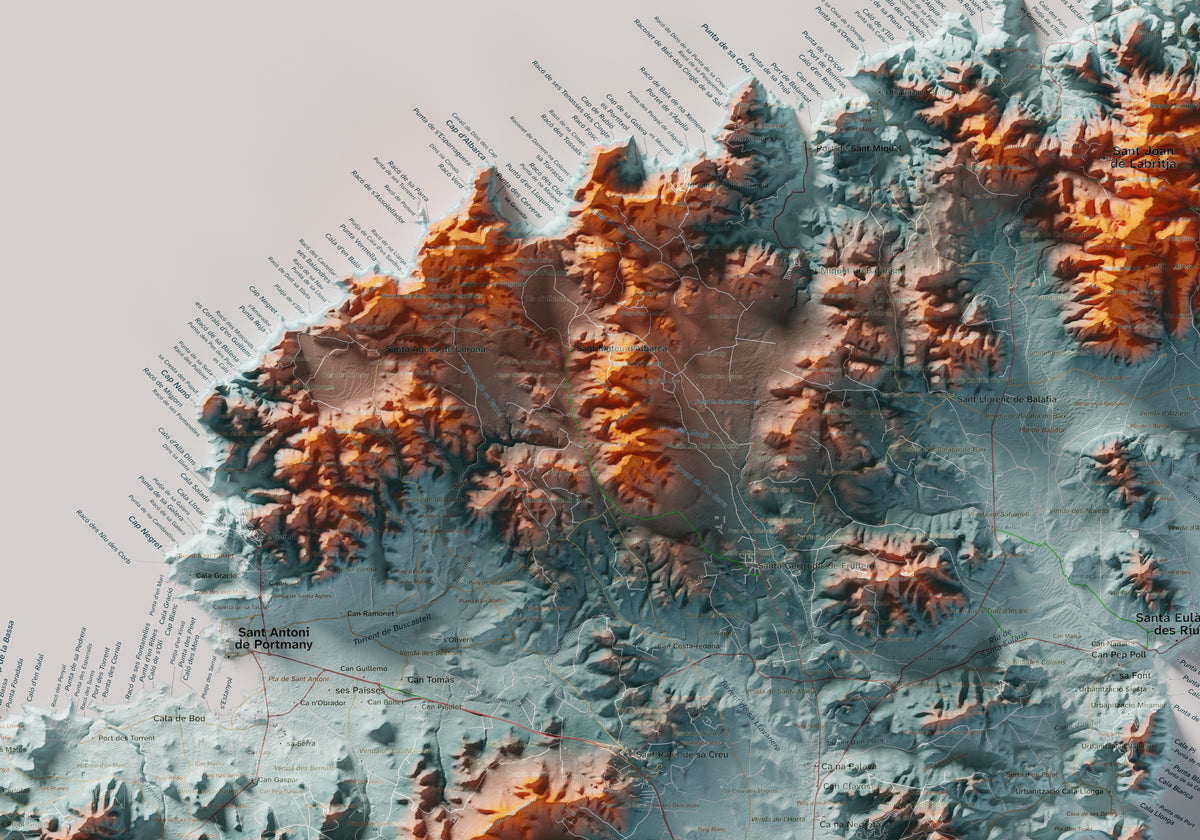 Edición octubre 2026 · Mapa topográfico de Eivissa, Contrastado, 70 × 100 cm: detalle de la costa noroeste.