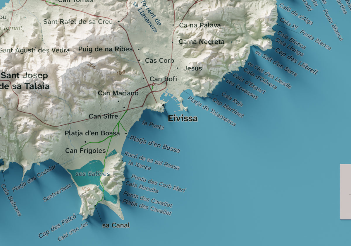 Edición octubre 2026 · Mapa topográfico de Eivissa, Cartográfico, 21 × 30 cm: detalle de la costa sureste.