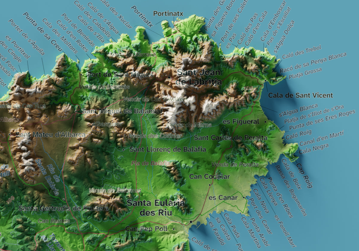 Edición octubre 2026 · Mapa topográfico de Eivissa, Clásico, 21 × 30 cm: detalle de la costa noreste.
