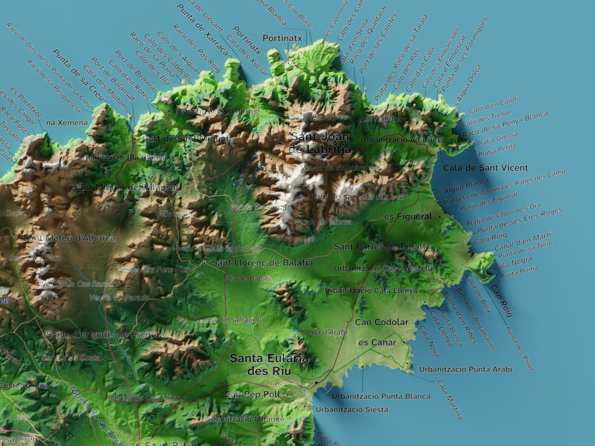 Edición octubre 2026 · Mapa topográfico de Eivissa, Clásico, 30 × 40 cm: detalle de la costa noreste.