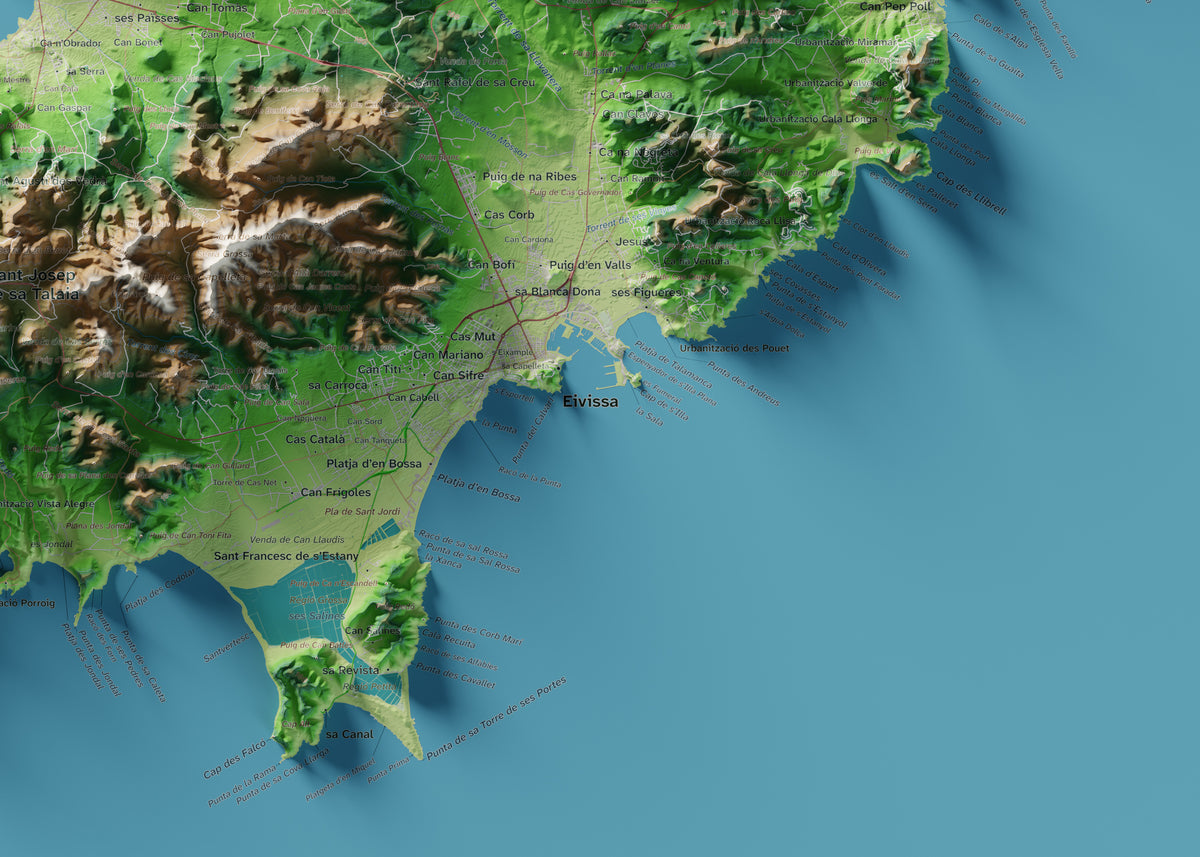 Edición octubre 2026 · Mapa topográfico de Eivissa, Clásico, 50 × 70 cm: detalle de la costa sureste.