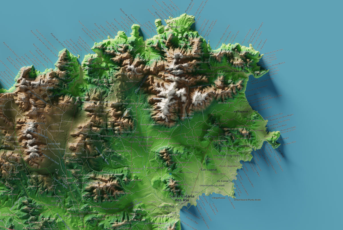 Edición octubre 2026 · Mapa topográfico de Eivissa, Clásico, 61 × 91 cm: detalle de la costa noreste.