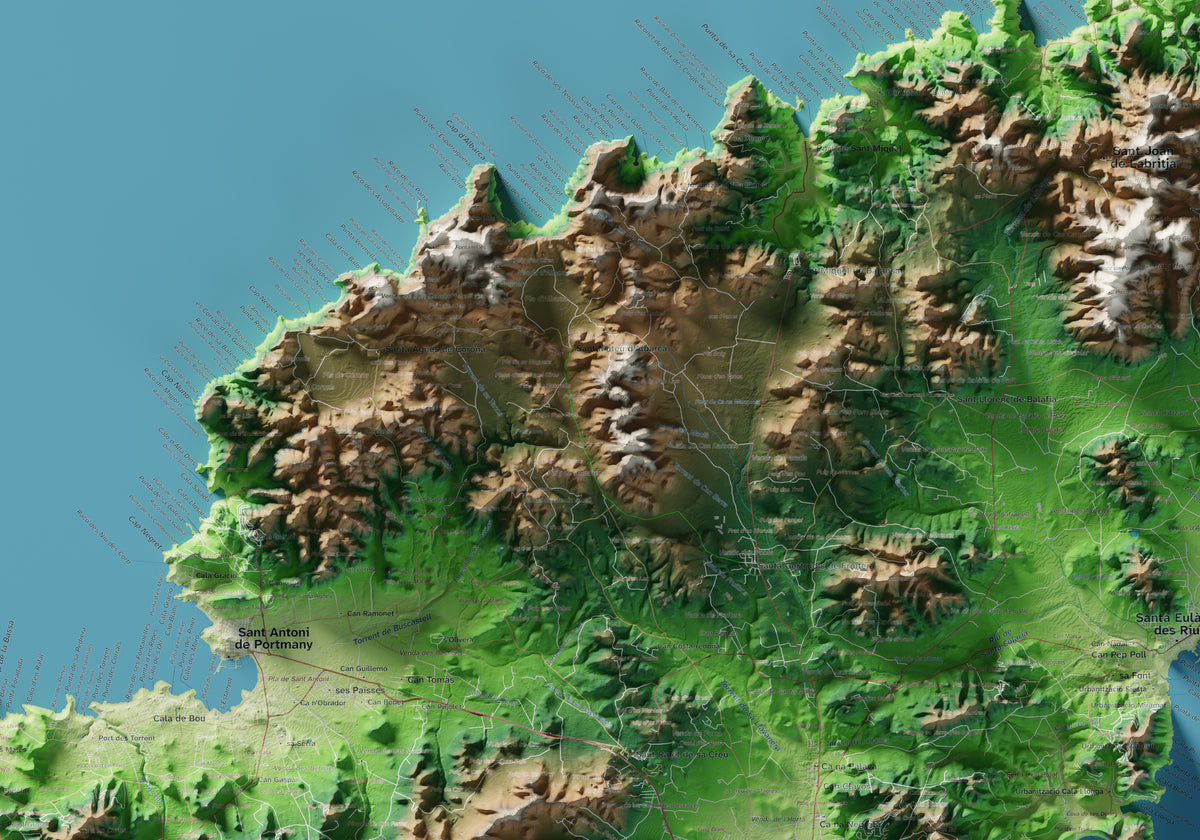 Edición octubre 2026 · Mapa topográfico de Eivissa, Clásico, 70 × 100 cm: detalle de la costa noroeste.