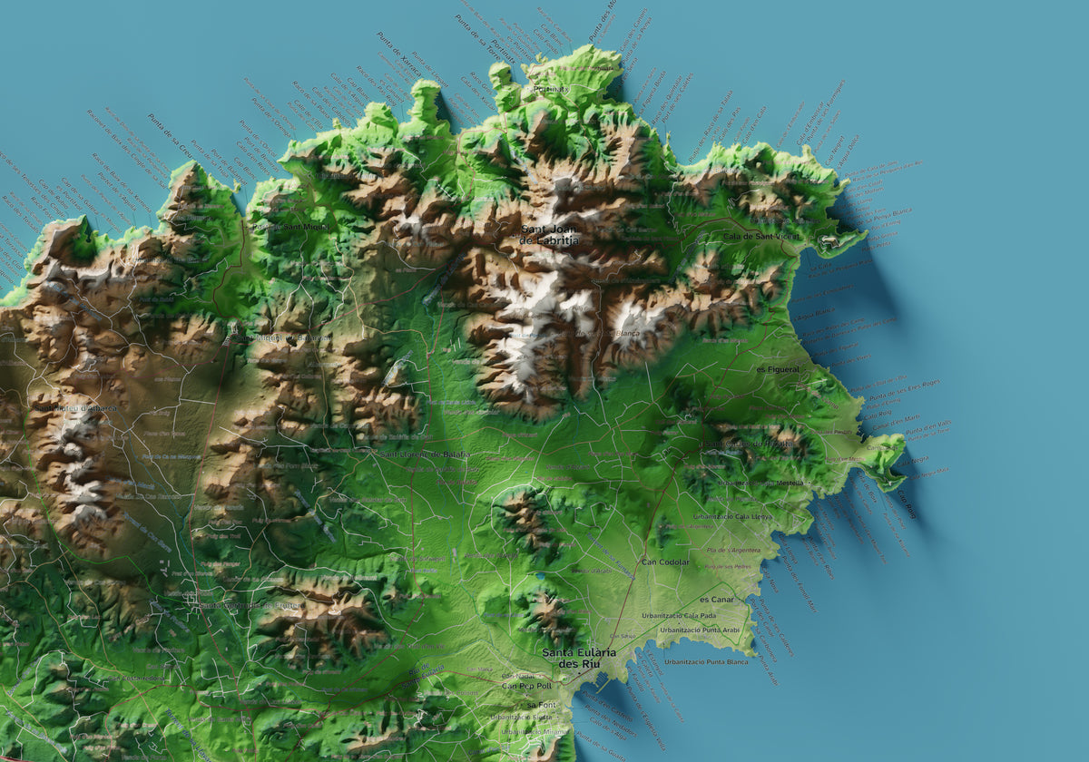 Edición octubre 2026 · Mapa topográfico de Eivissa, Clásico, 70 × 100 cm: detalle de la costa noreste.