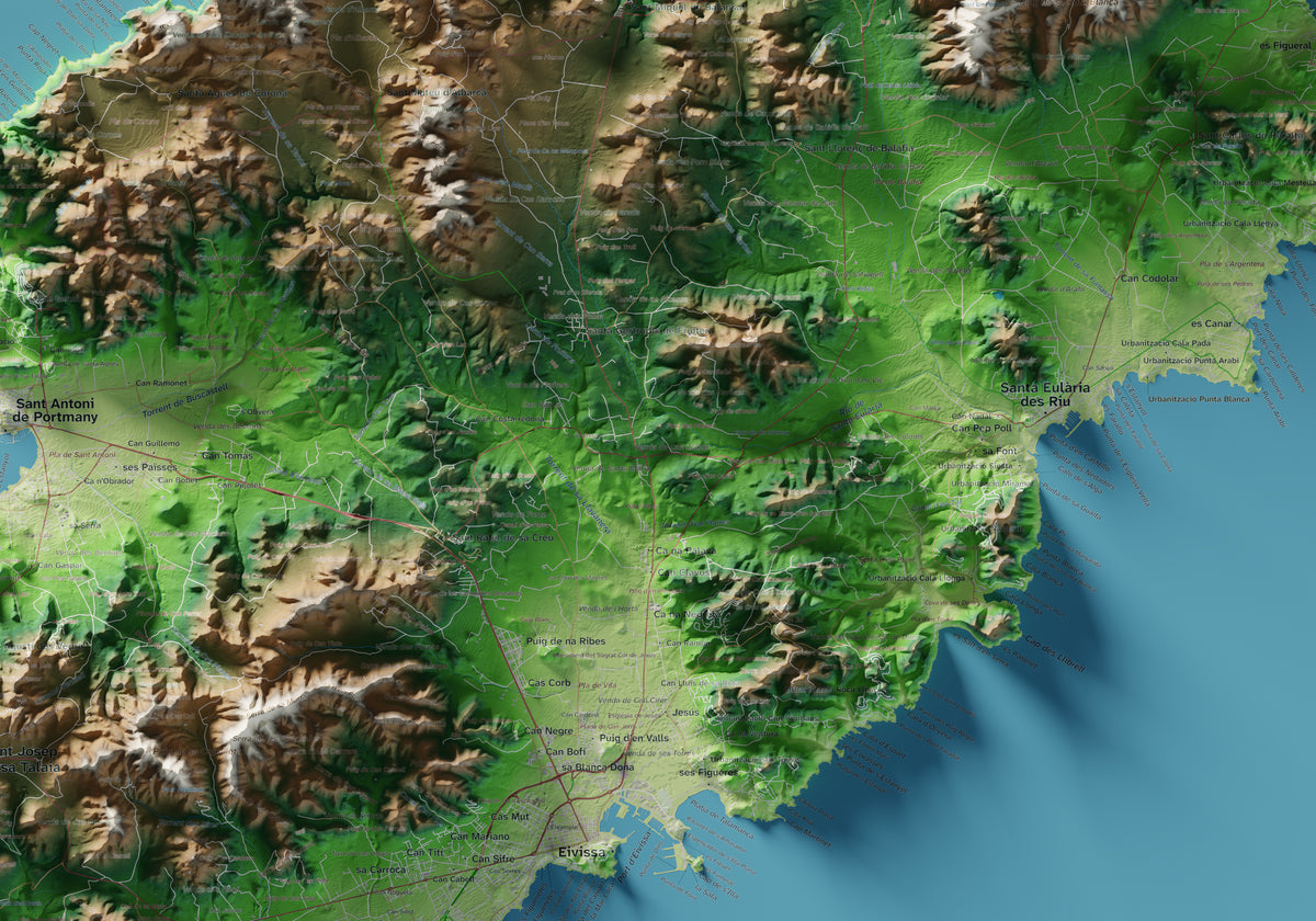 Edición octubre 2026 · Mapa topográfico de Eivissa, Clásico, 70 × 100 cm: detalle central.