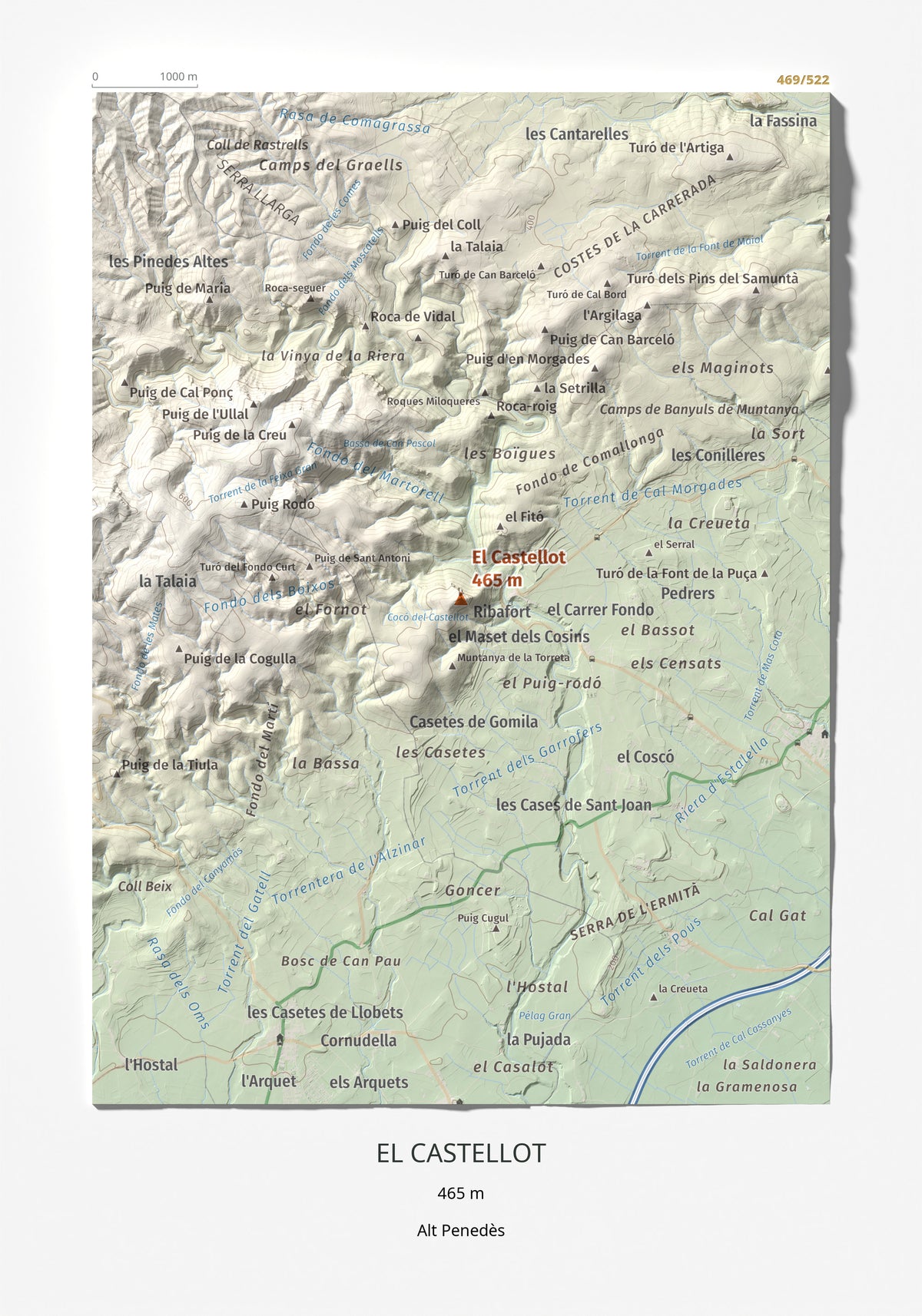 Mapa de relieve del Castellot, 465 m, Alt Penedès, lámina 100 Cims de Trobart 21 × 30 cm.