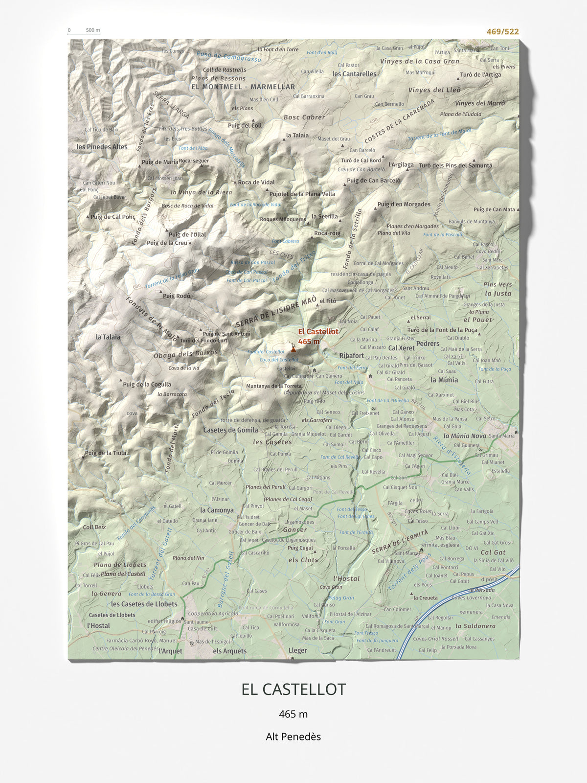 Mapa de relieve del Castellot, 465 m, Alt Penedès, lámina 100 Cims de Trobart 30 × 40 cm.