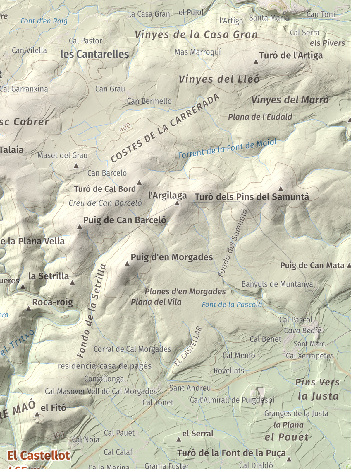 Mapa de relieve del Castellot, 465 m, Alt Penedès, lámina 100 Cims de Trobart. Detalle de la zona superior derecha. 30 × 40 cm.