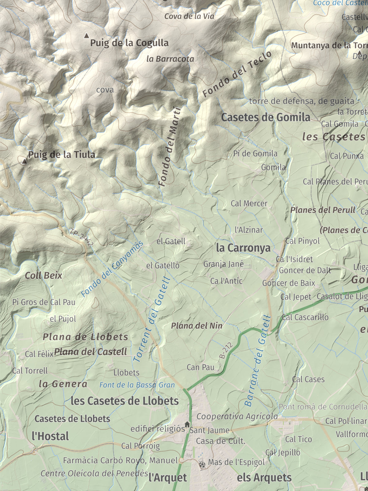 Mapa de relieve del Castellot, 465 m, Alt Penedès, lámina 100 Cims de Trobart. Detalle de la zona inferior izquierda. 30 × 40 cm.