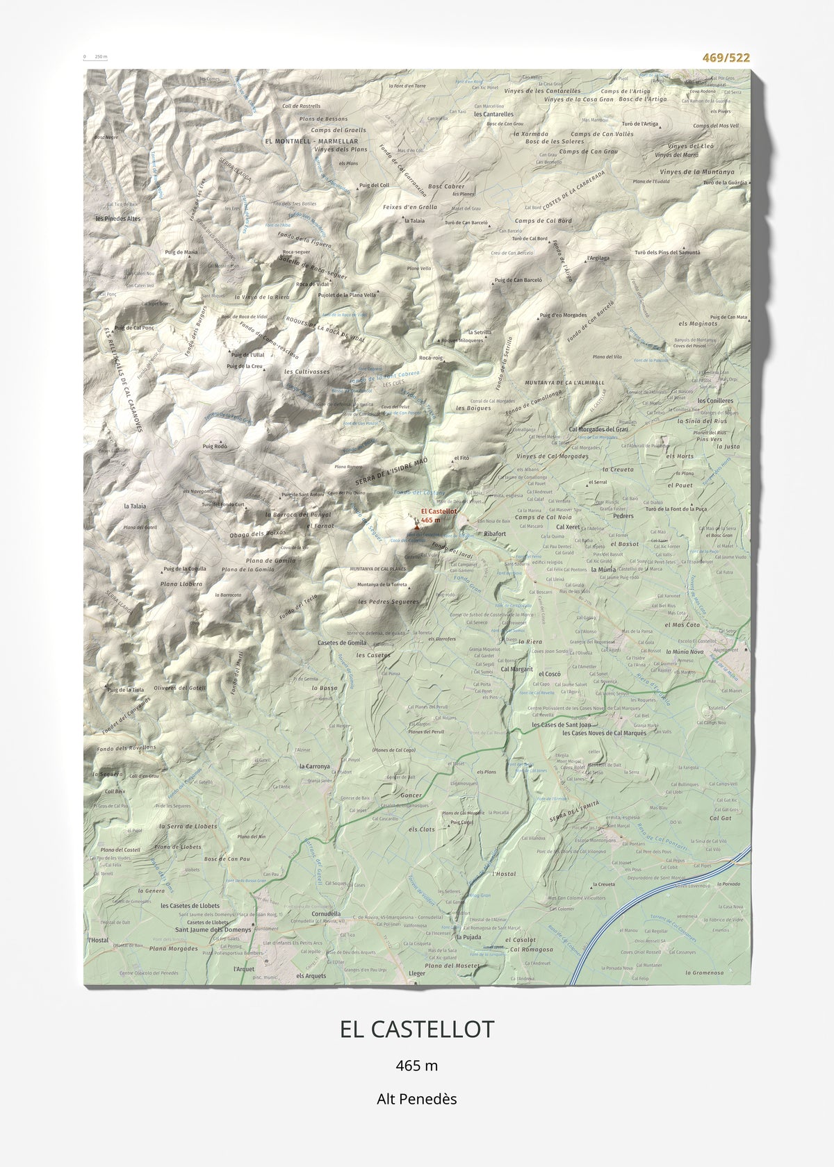 Mapa de relieve del Castellot, 465 m, Alt Penedès, lámina 100 Cims de Trobart 50 × 70 cm.