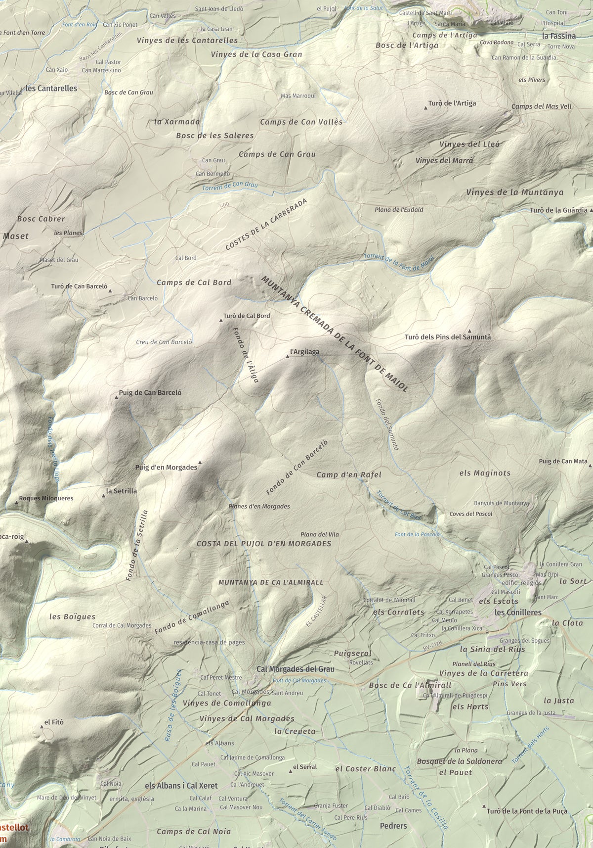 Mapa de relieve del Castellot, 465 m, Alt Penedès, lámina 100 Cims de Trobart. Detalle de la zona superior derecha. 70 × 100 cm.