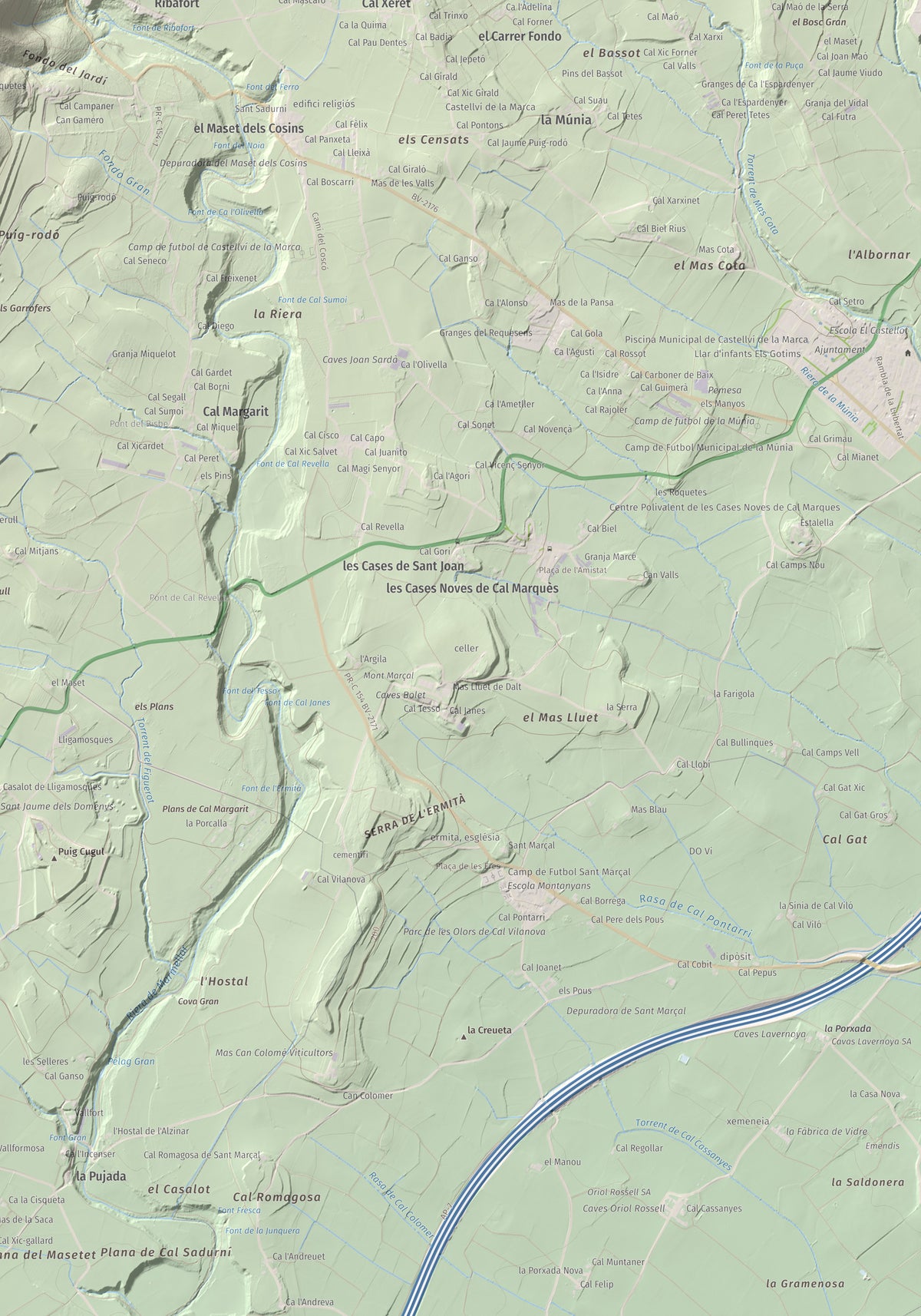 Mapa de relieve del Castellot, 465 m, Alt Penedès, lámina 100 Cims de Trobart. Detalle de la zona inferior derecha. 70 × 100 cm.