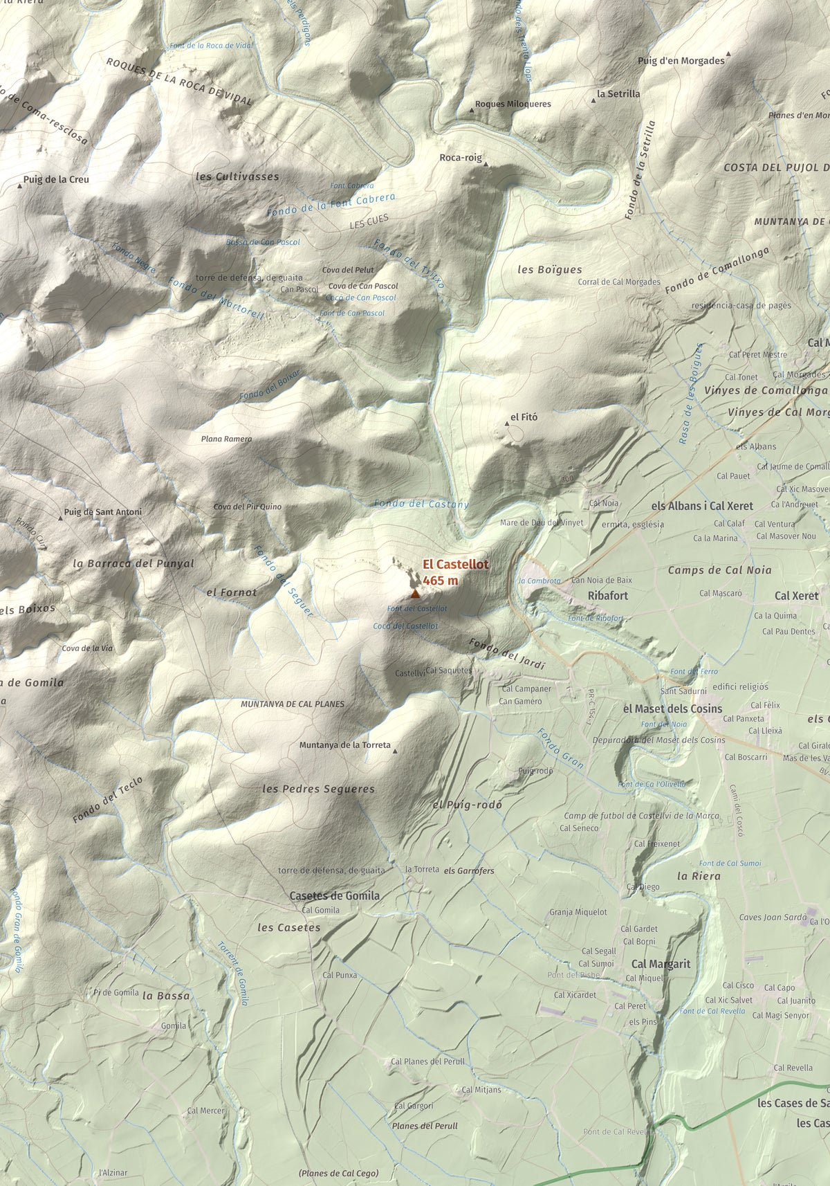 Mapa de relieve del Castellot, 465 m, Alt Penedès, lámina 100 Cims de Trobart. Detalle de la zona central. 70 × 100 cm.