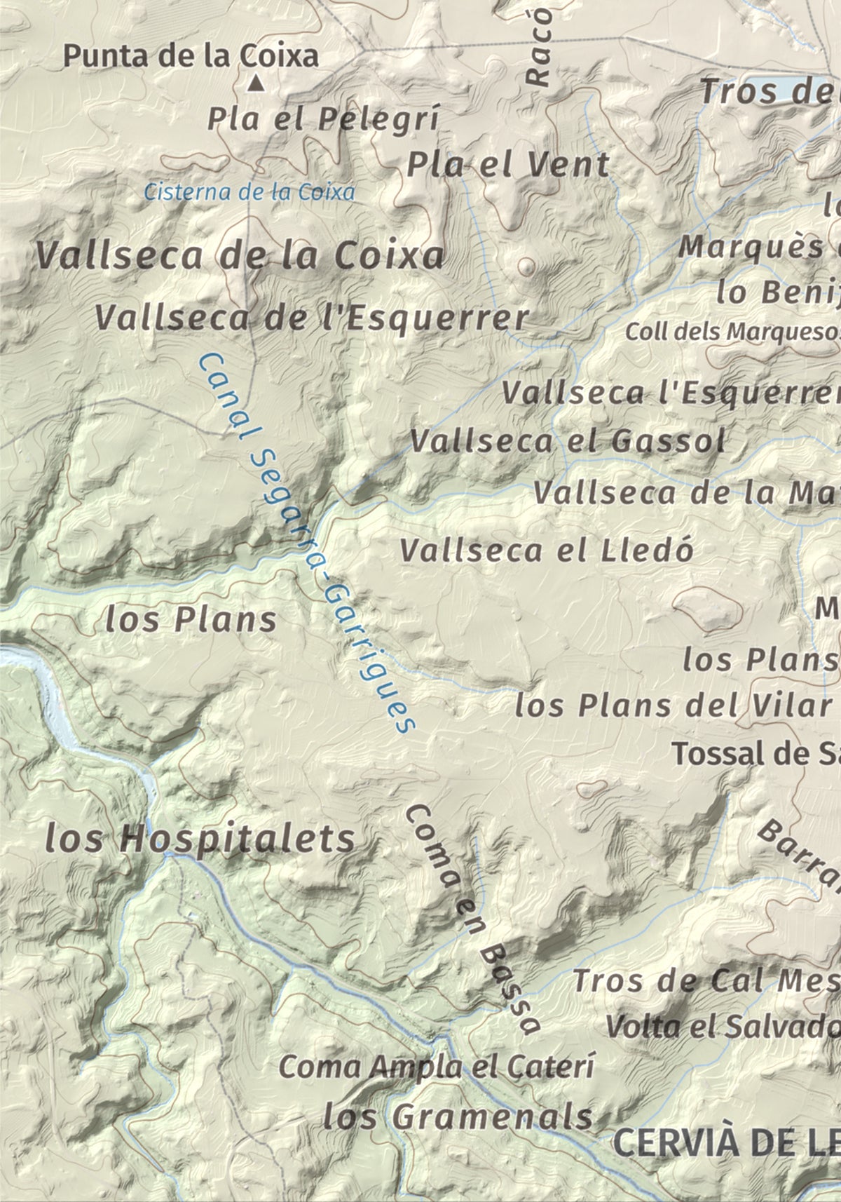 Mapa de relieve de Els Bessons, 593 m, Garrigues, lámina 100 Cims de Trobart. Detalle de la zona inferior izquierda. 21 × 30 cm.