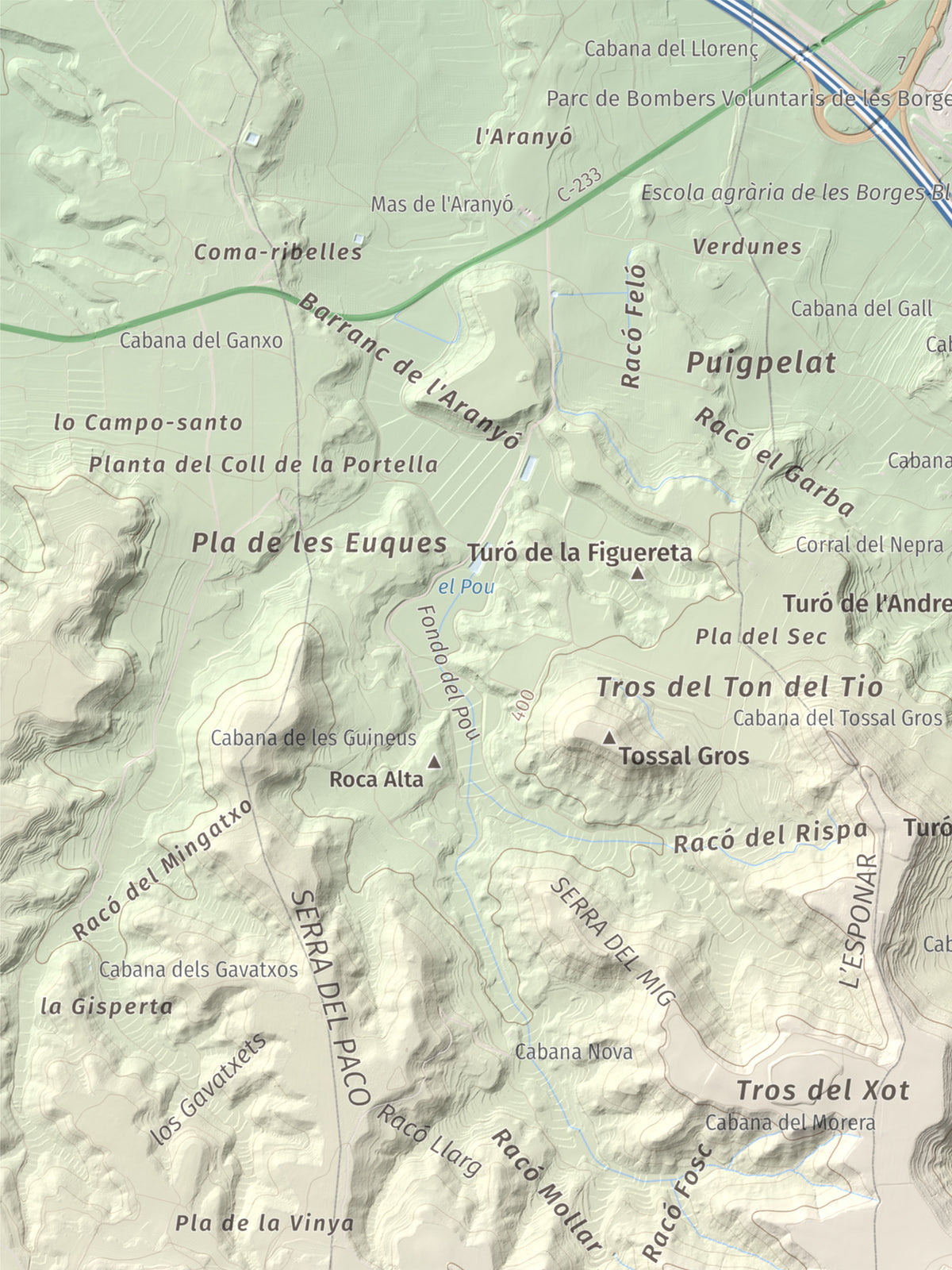 Mapa de relieve de Els Bessons, 593 m, Garrigues, lámina 100 Cims de Trobart. Detalle de la zona superior izquierda. 30 × 40 cm.