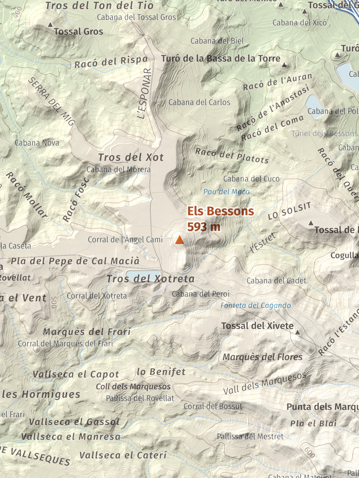 Mapa de relieve de Els Bessons, 593 m, Garrigues, lámina 100 Cims de Trobart. Detalle de la zona central. 30 × 40 cm.