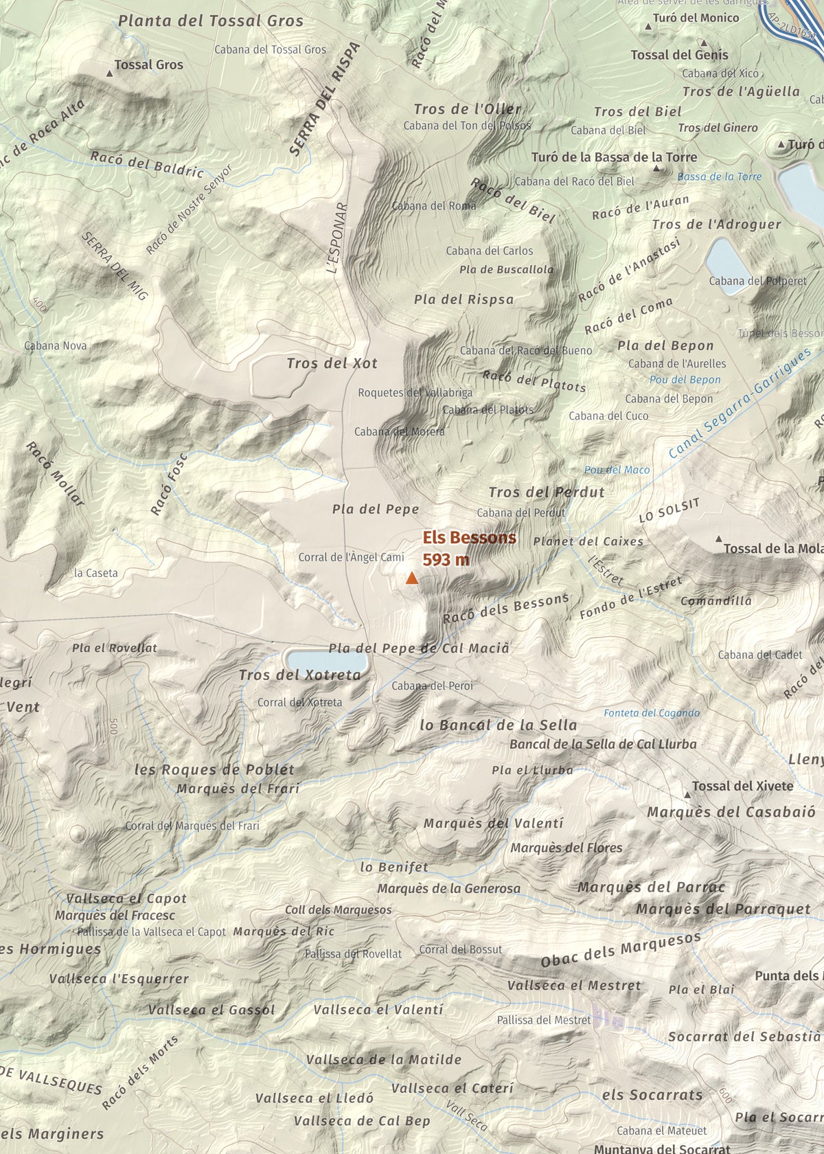 Mapa de relieve de Els Bessons, 593 m, Garrigues, lámina 100 Cims de Trobart. Detalle de la zona central. 50 × 70 cm.