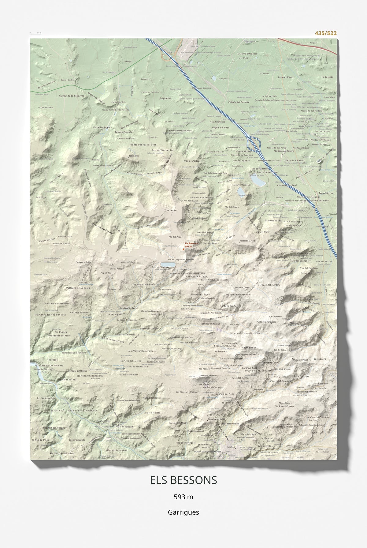 Mapa de relieve de Els Bessons, 593 m, Garrigues, lámina 100 Cims de Trobart 61 × 91 cm.