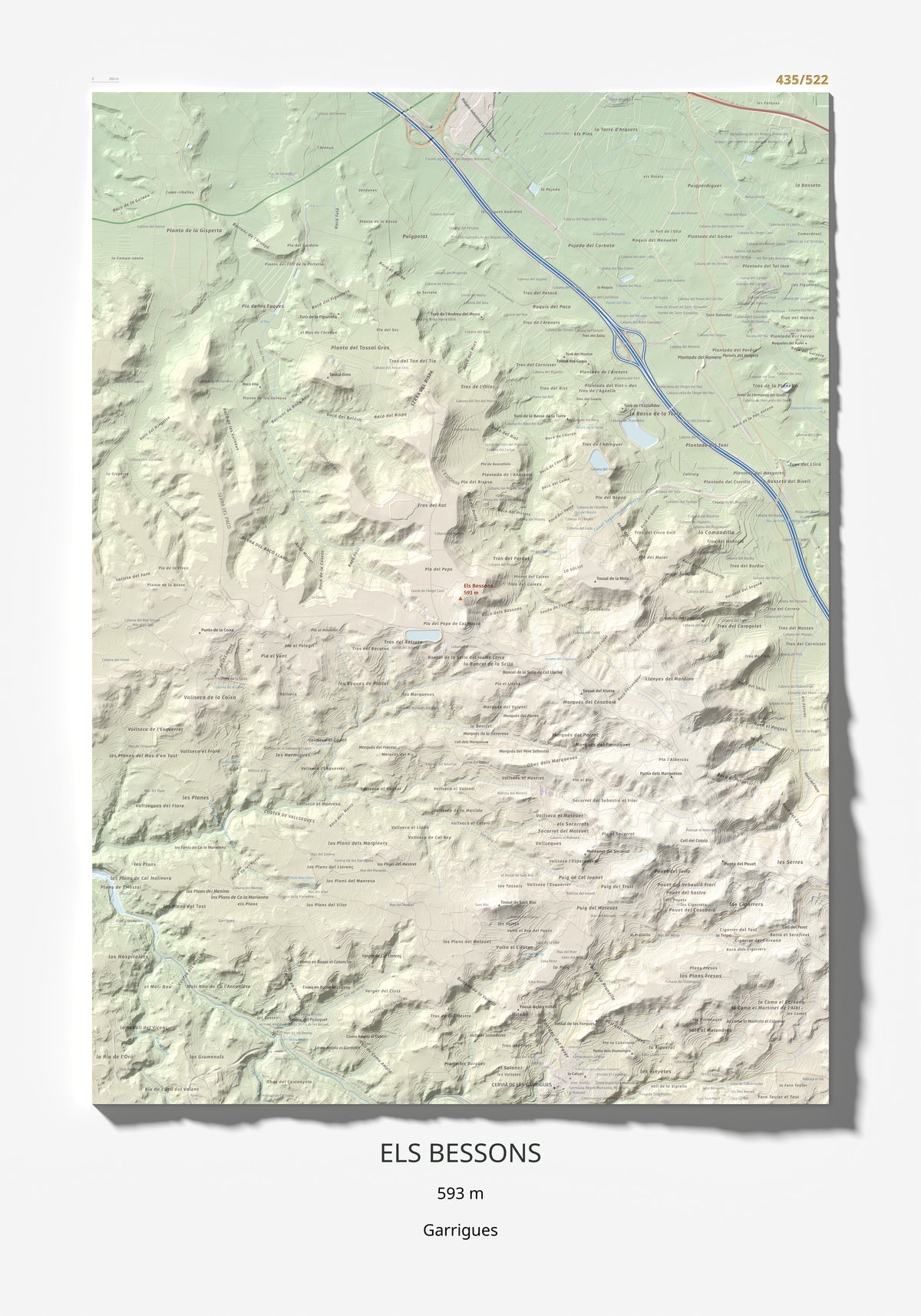 Mapa de relieve de Els Bessons, 593 m, Garrigues, lámina 100 Cims de Trobart 70 × 100 cm.