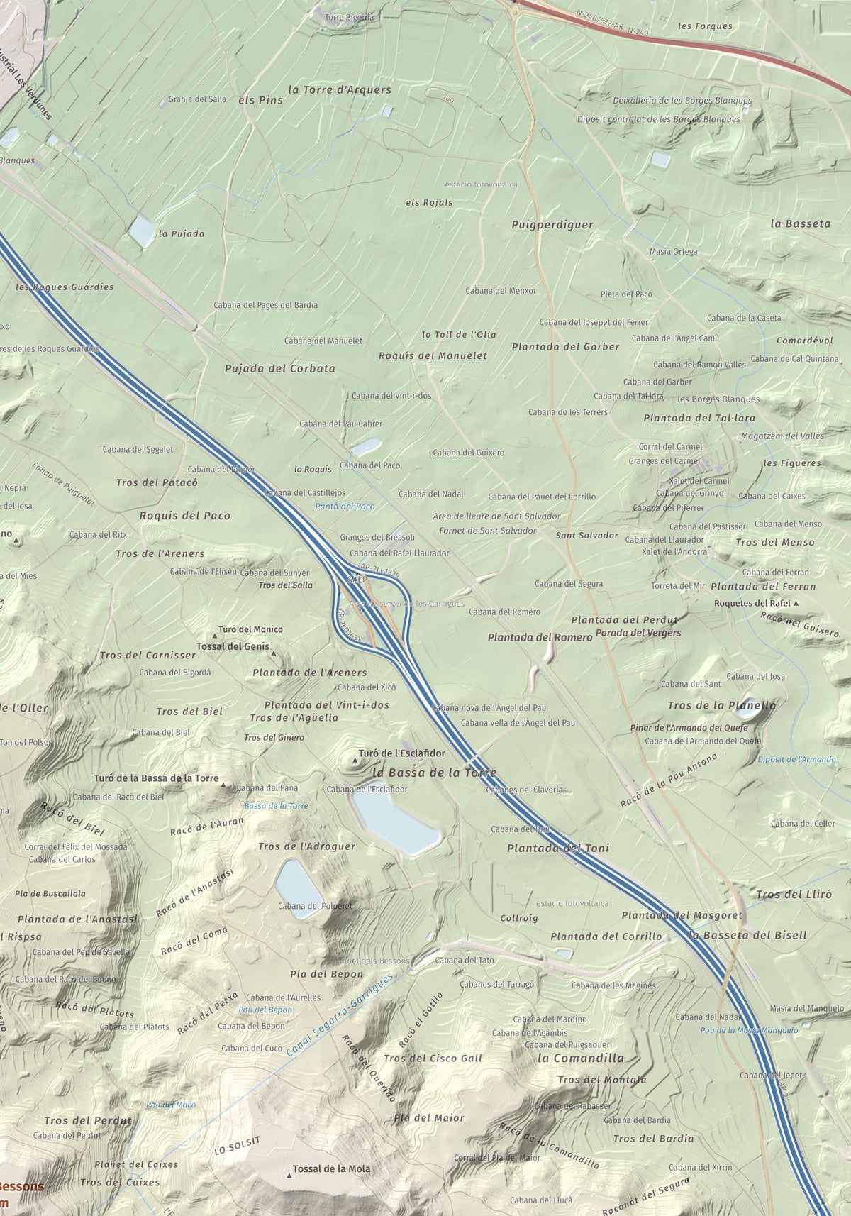 Mapa de relieve de Els Bessons, 593 m, Garrigues, lámina 100 Cims de Trobart. Detalle de la zona superior derecha. 70 × 100 cm.